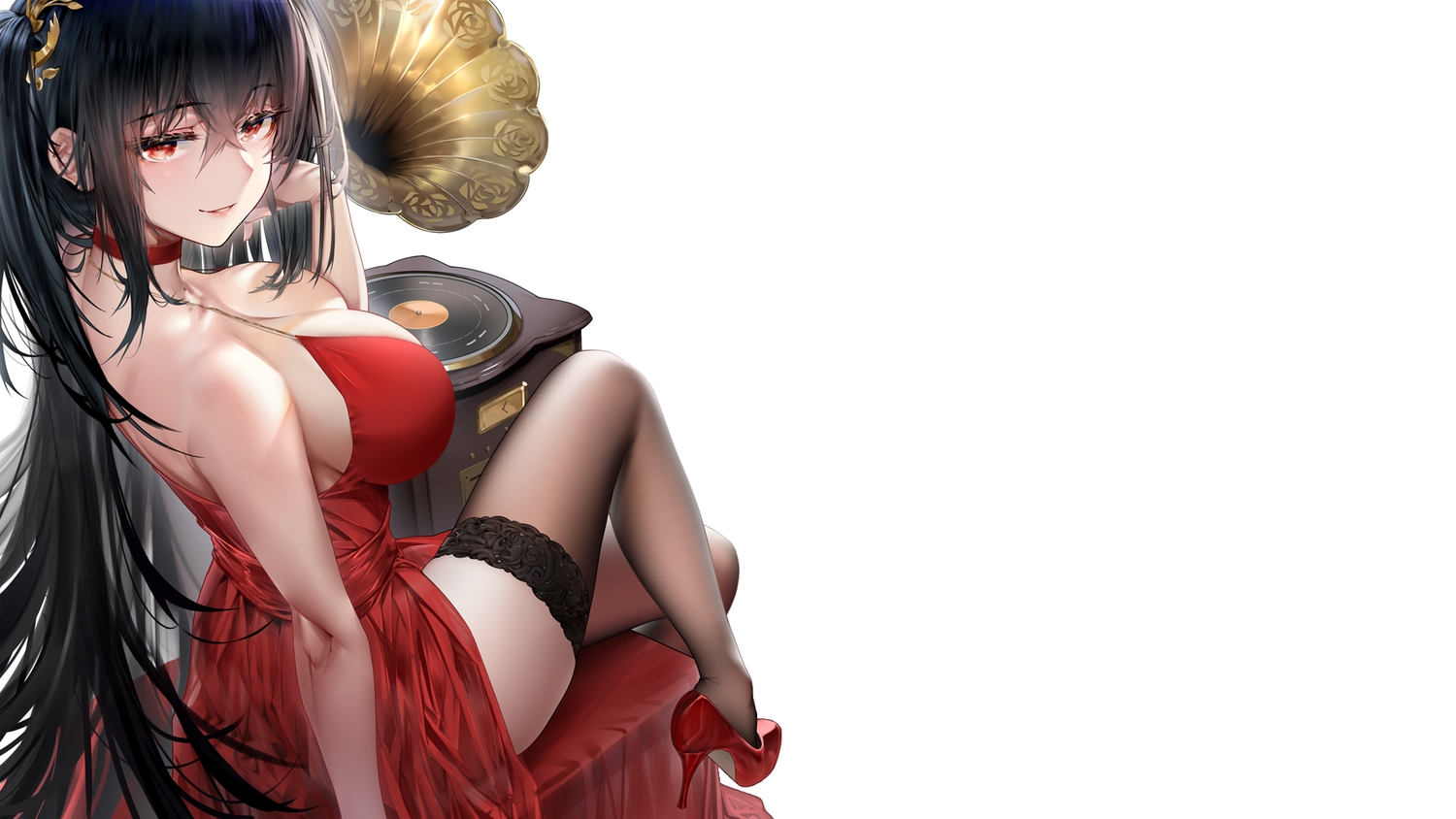 anthropomorphism, azur_lane, black_hair, breasts, choker, cleavage, dress, hbb, long_hair, red_eyes, taihou_(azur_lane), thighhighs, third-party_edit