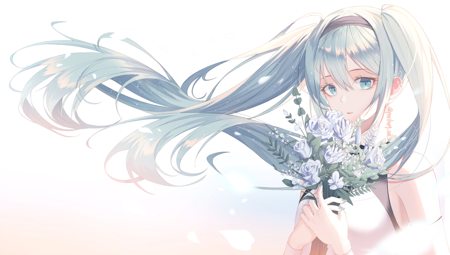 aqua_eyes, aqua_hair, flowers, hatsune_miku, long_hair, rose, signed, soli_(pouiliuoq_soli), twintails, vocaloid