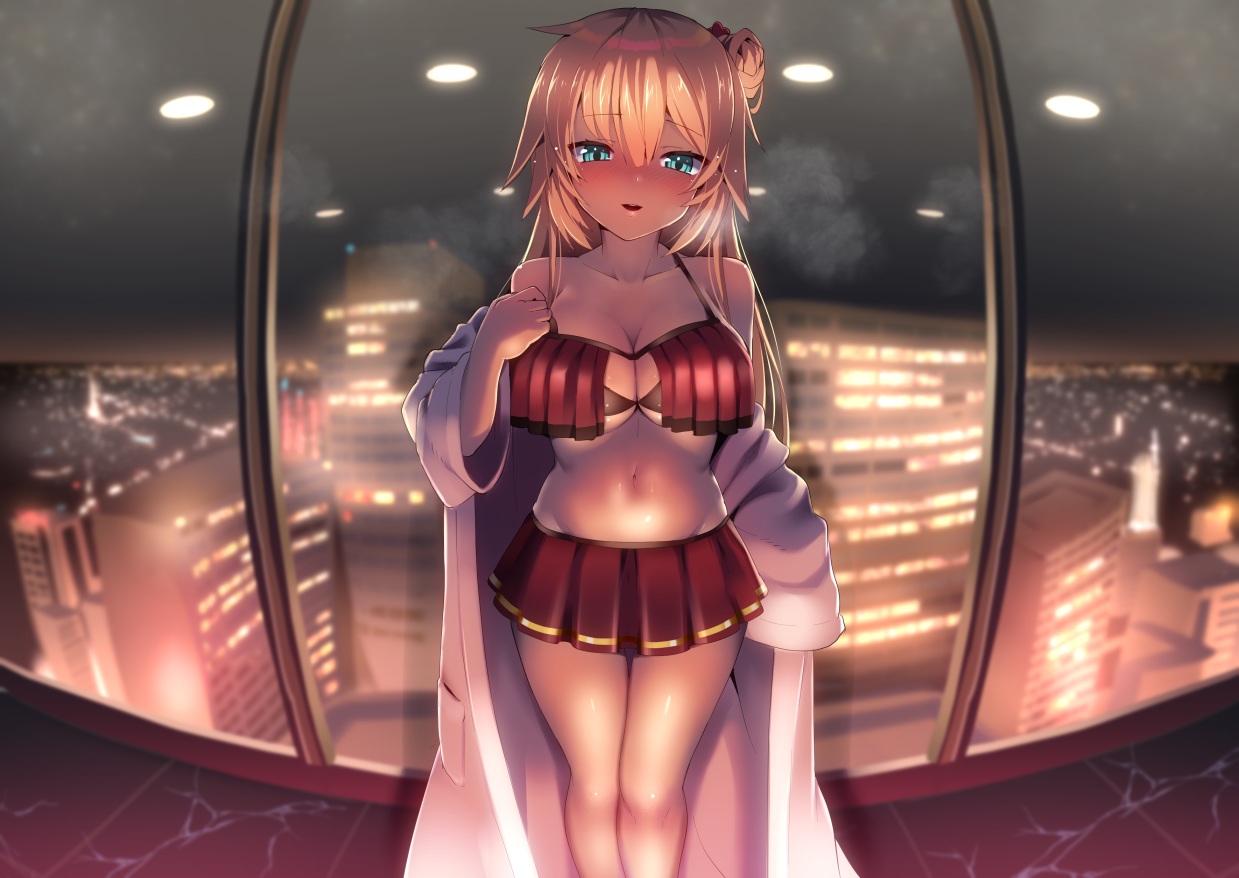 akai_haato, aliasing, aqua_eyes, ayagi_daifuku, bikini, blonde_hair, blush, breasts