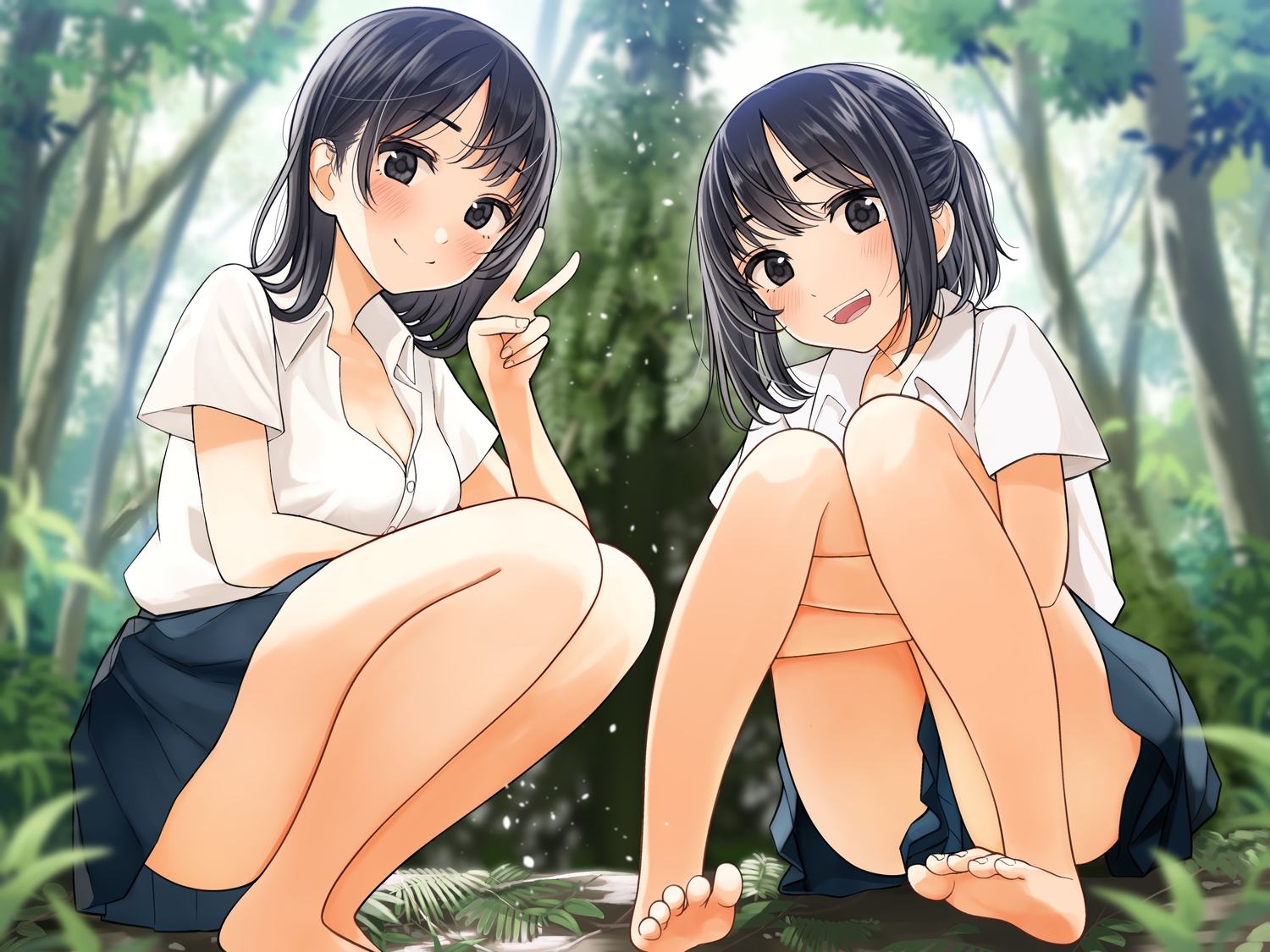2girls, barefoot, black_eyes, black_hair, blush, breasts, cleavage, forest
