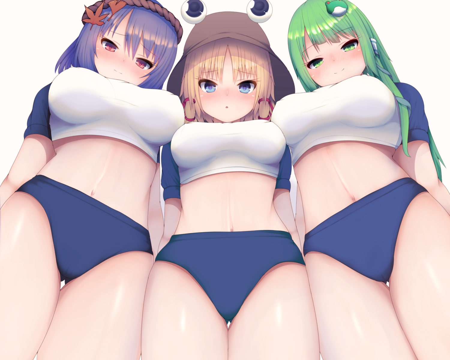 bloomers, blue_eyes, cameltoe, cropped, darumoon, erect_nipples, green_eyes, gym_uniform, kochiya_sanae, moriya_suwako, navel, red_eyes, shirt, touhou, yasaka_kanako
