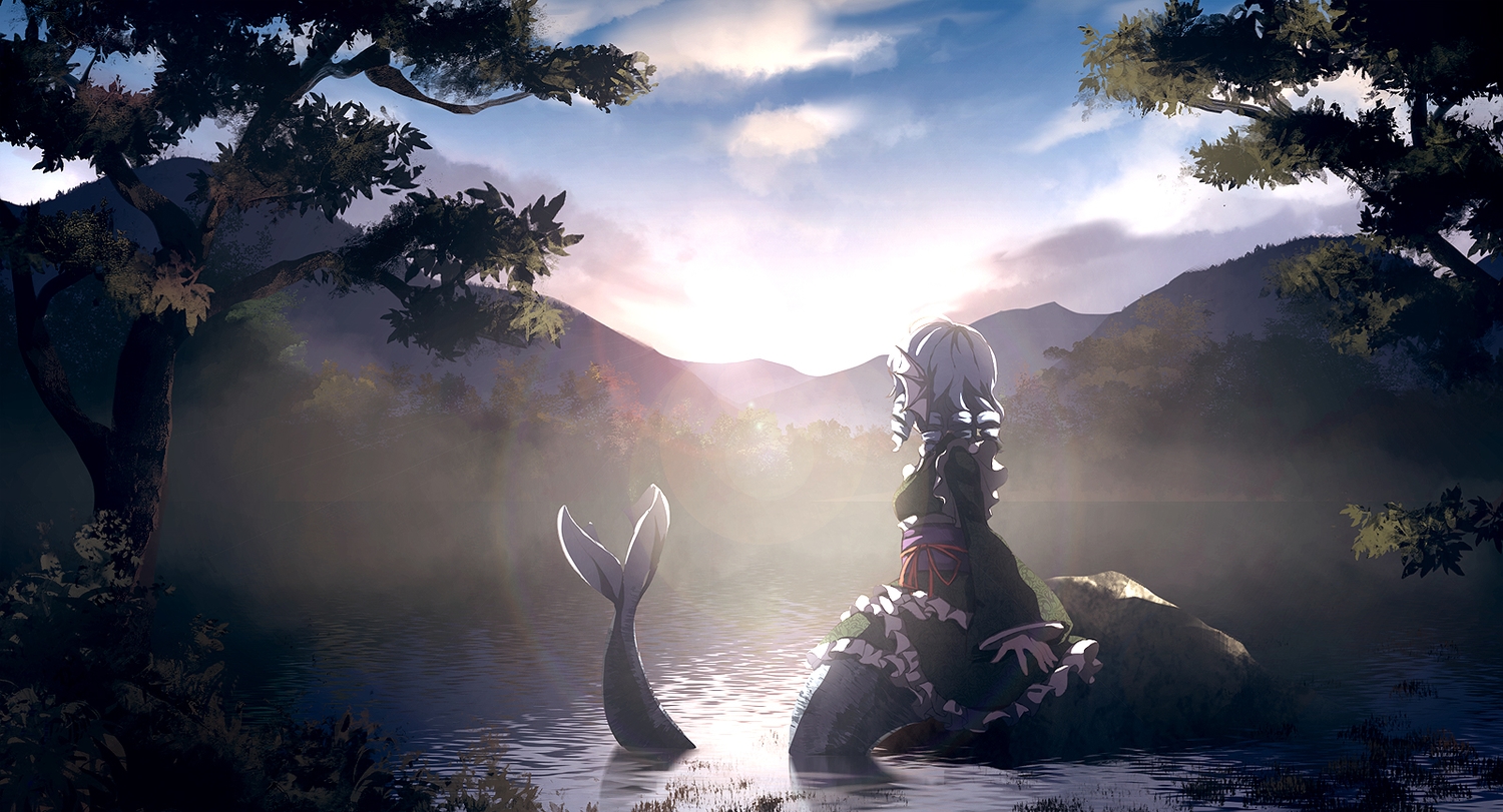 clouds, dise, forest, grass, japanese_clothes, landscape, leaves, mermaid