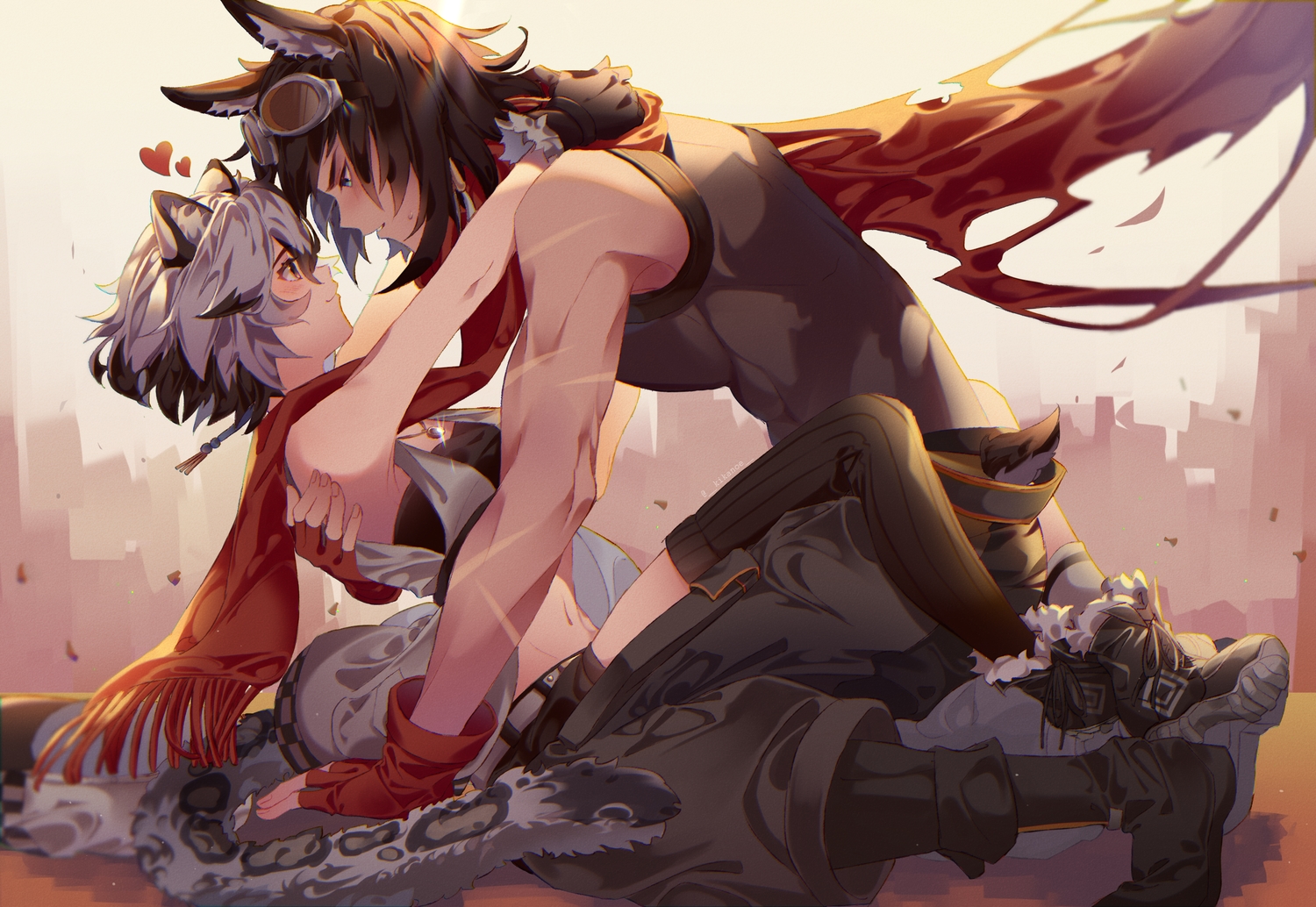 animal_ears, arknights, catgirl, cliffheart_(arknights), courier_(arknights), gloves, goggles, kikan_(kikanoe)