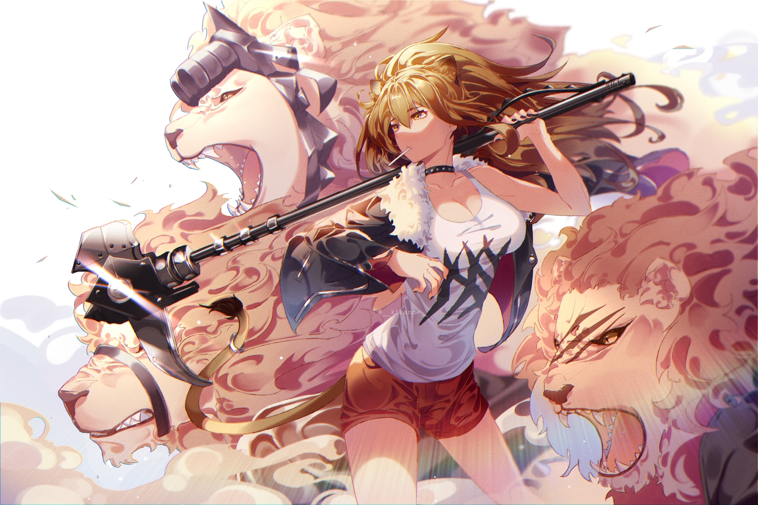 animal, animal_ears, arknights, breasts, candy, catgirl, choker, cleavage, kikan_(kikanoe), lion, lollipop, scythe, shorts, siege_(arknights), tail, weapon