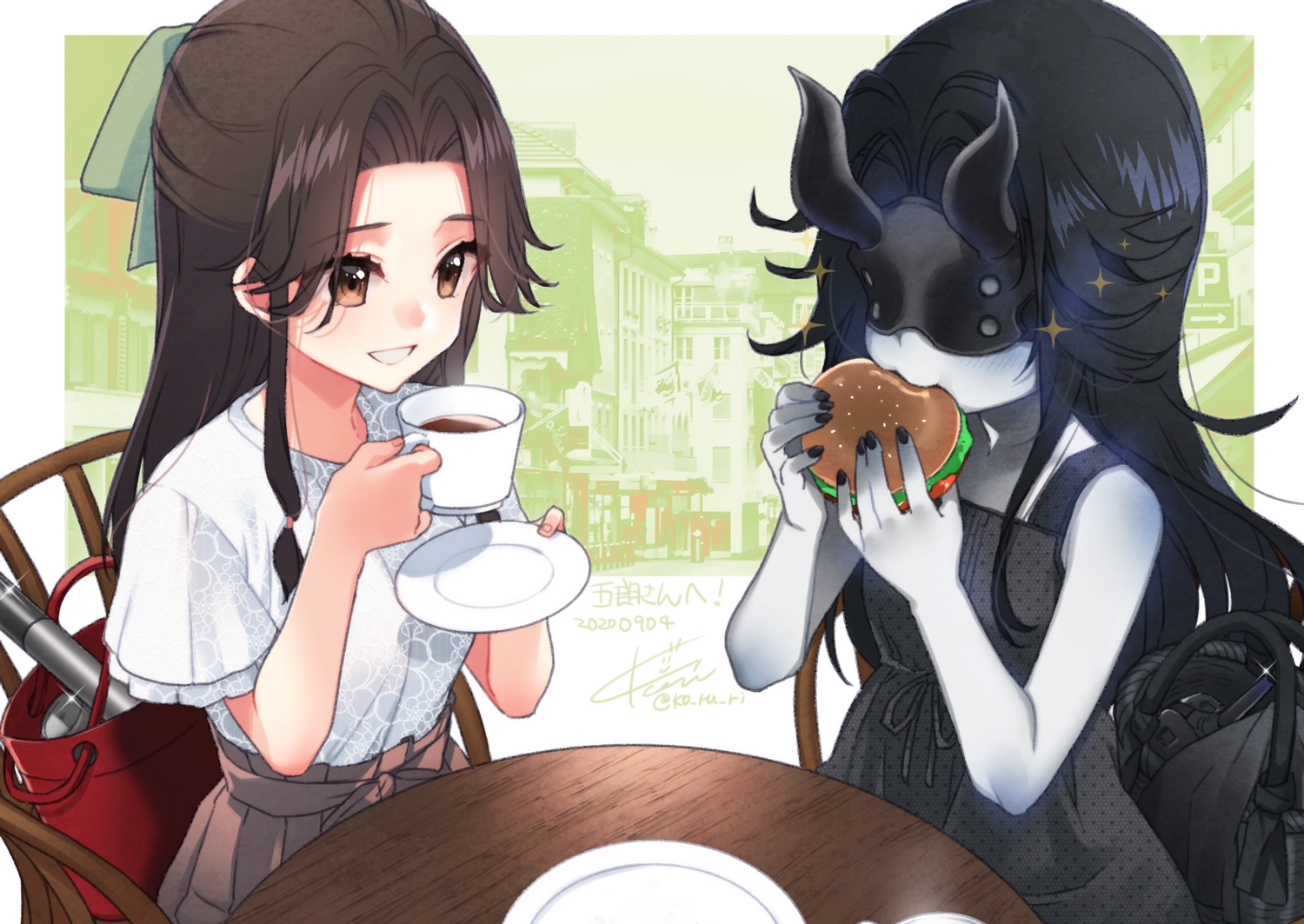 2girls, anthropomorphism, black_hair, blindfold, brown_eyes, brown_hair, dress, drink