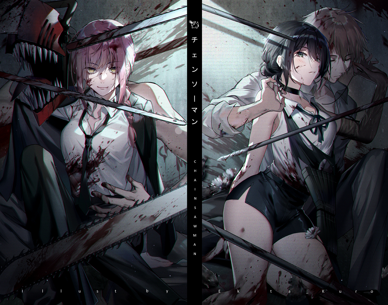 2girls, black_hair, blood, braids, brown_hair, chainsaw, chainsaw_man, denji_(chainsaw_man)