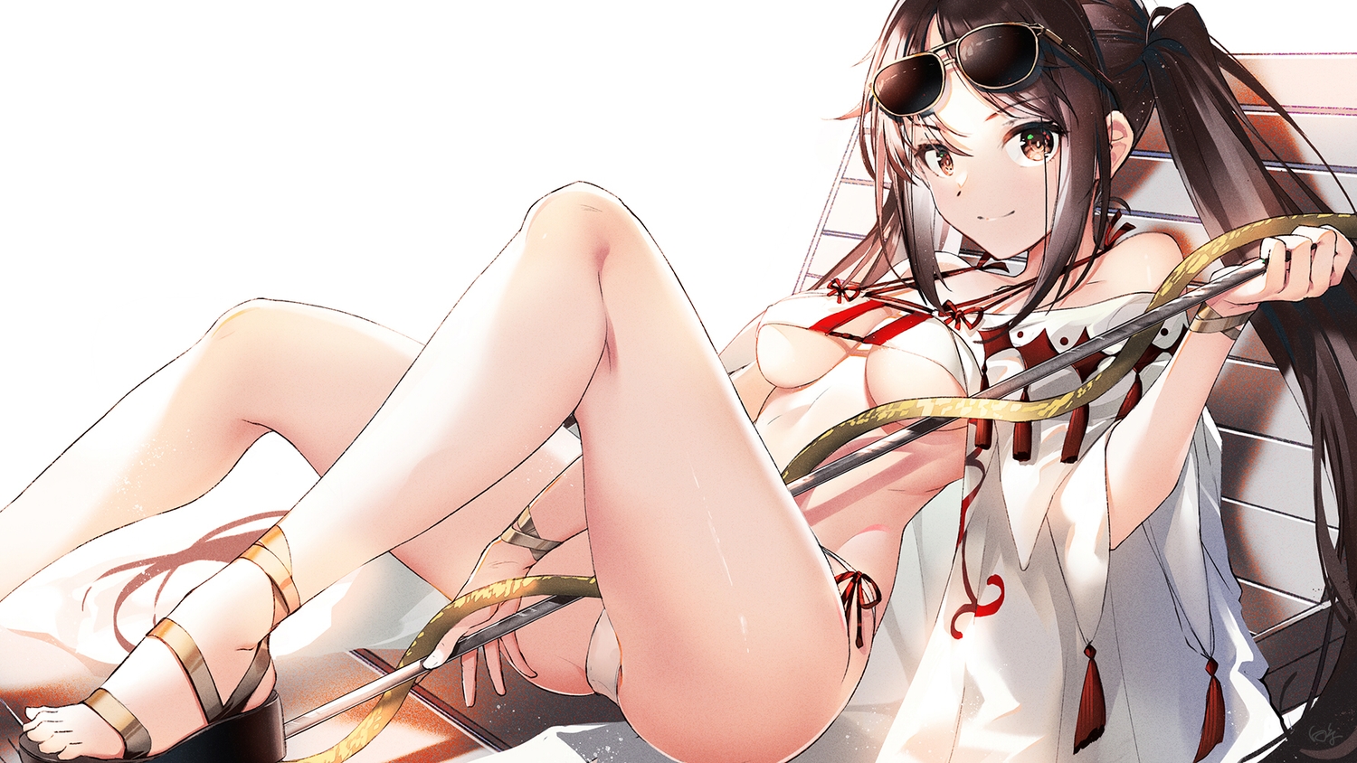 baisi_shaonian, bikini, breasts, brown_eyes, brown_hair, consort_yu_(fate), fate/grand_order, fate_(series)