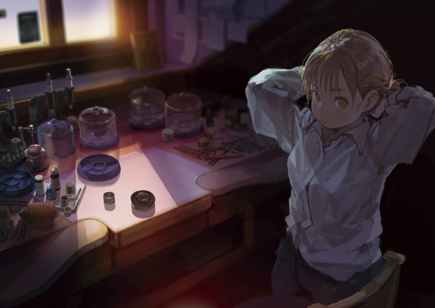 brown_eyes, brown_hair, burari, original, scenic, shirt, short_hair, sunset