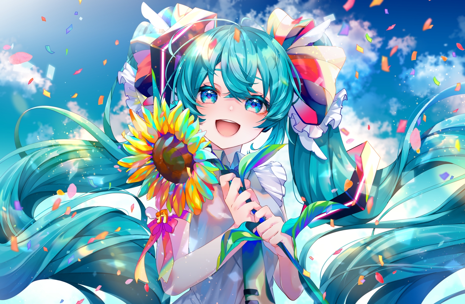 aqua_eyes, aqua_hair, bow, clouds, flowers, hatsune_miku, long_hair, petals