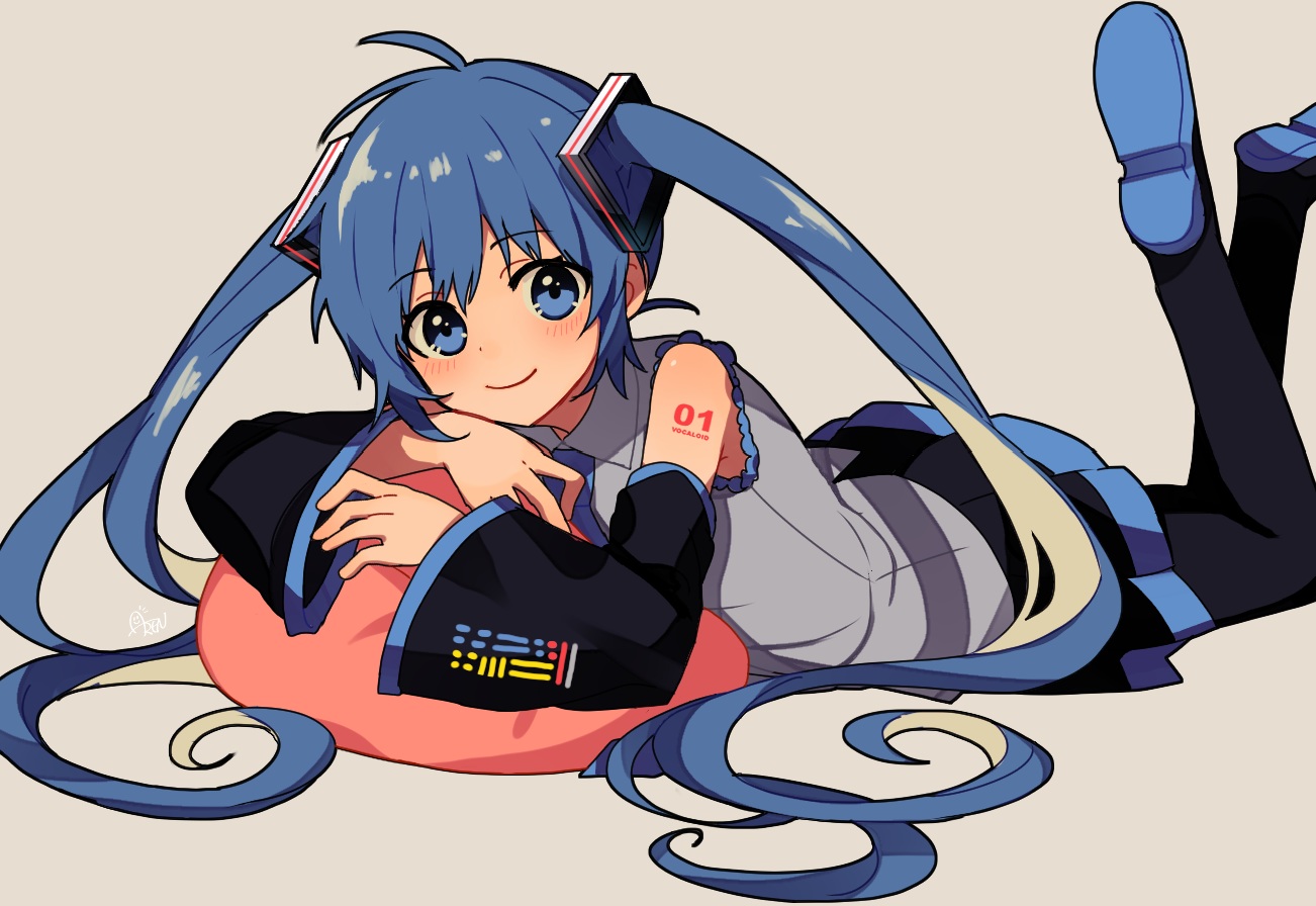 arisa_(aren), blue_eyes, blue_hair, blush, boots, gray, hatsune_miku, long_hair, signed, skirt, tattoo, twintails, vocaloid