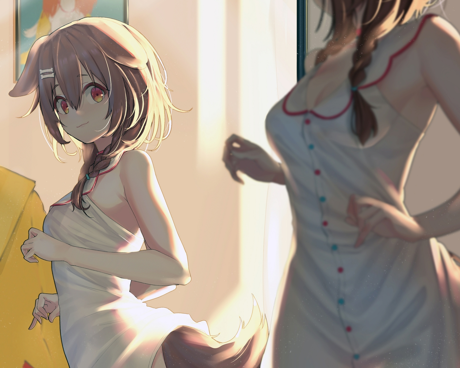 animal_ears, breasts, brown_hair, cat_smile, cleavage, cropped, doggirl, dress, hololive, inugami_korone, mirror, red_eyes, reflection, tail, terebi_(shimizu1996), third-party_edit