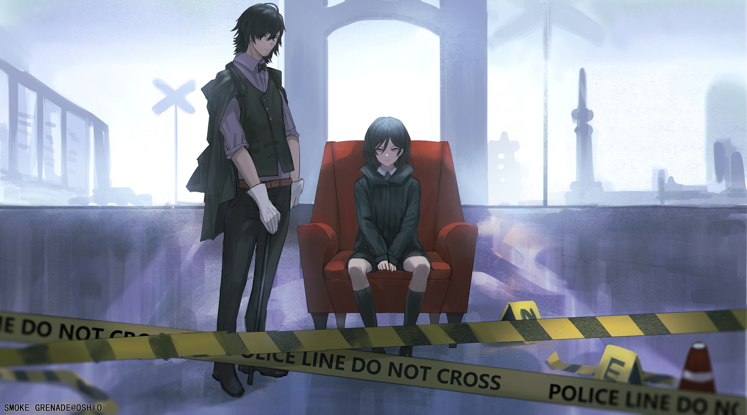 black_hair, blue_eyes, bow, gloves, hood, kneehighs, male, original, orlijiang, short_hair, tie, yellow_eyes