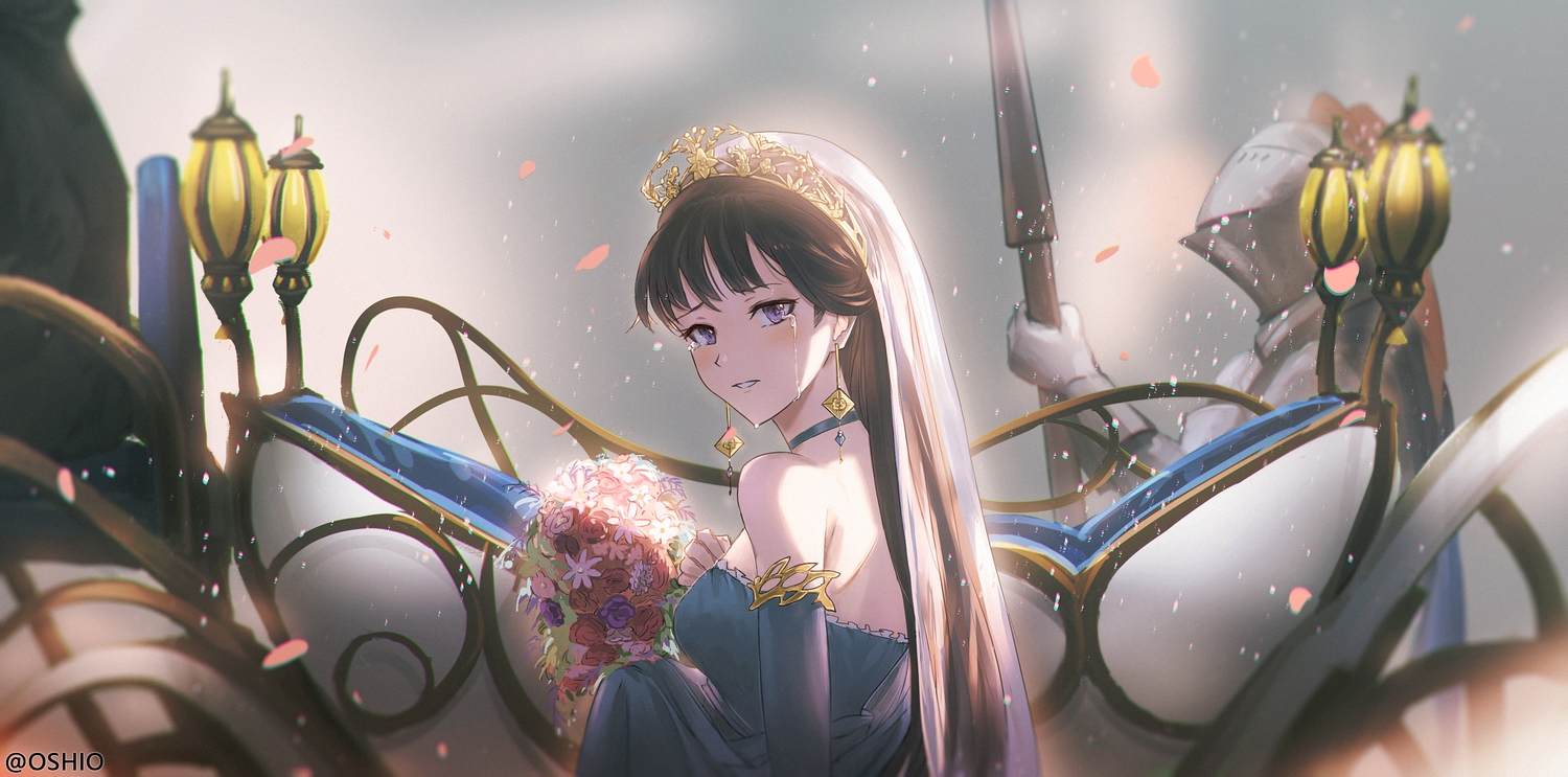 brown_hair, choker, crying, dress, flowers, headdress, long_hair, original, orlijiang, petals, purple_eyes, tears, tiara, watermark