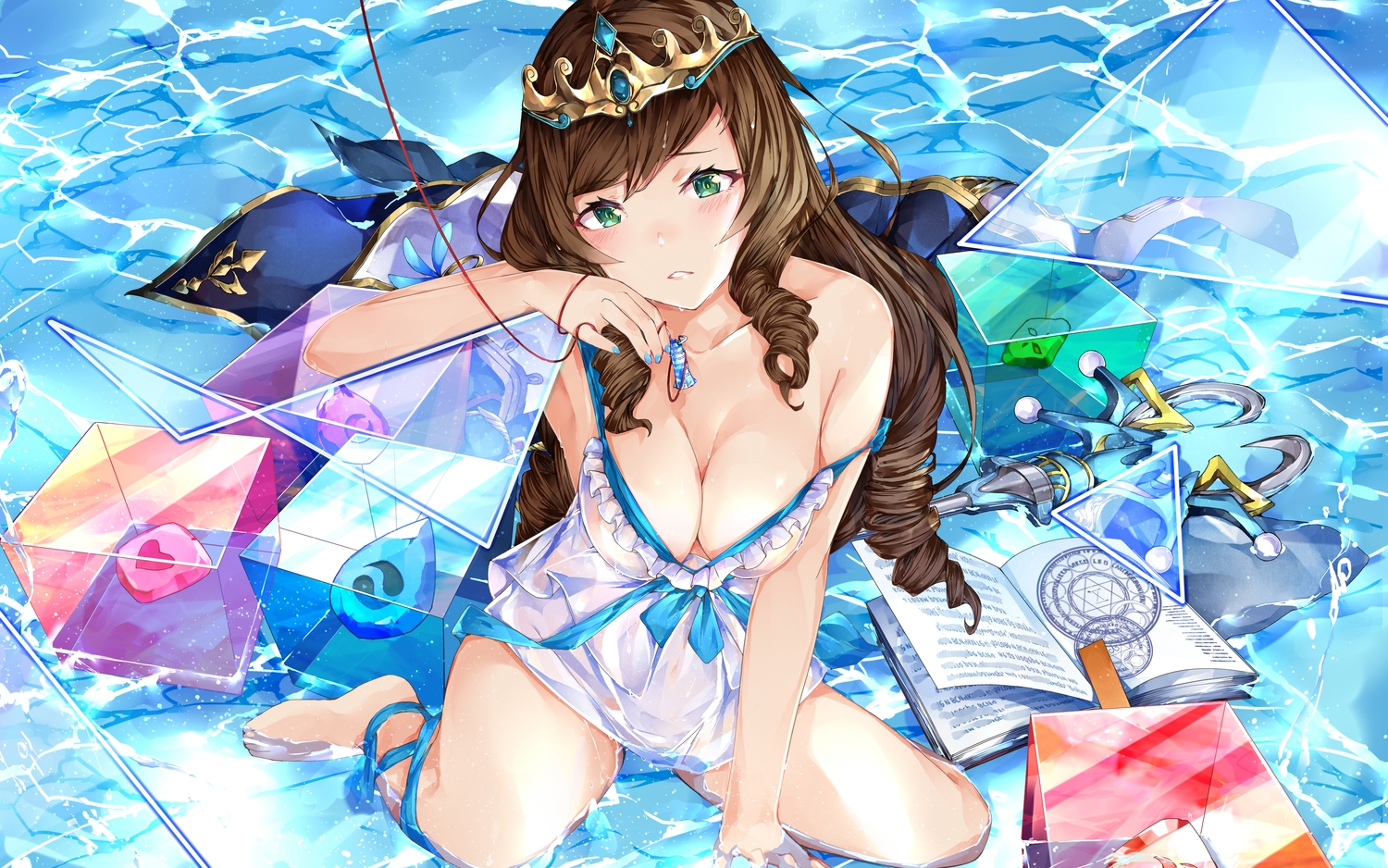 blush, book, breasts, brown_hair, cleavage, green_eyes, long_hair, molly_(tos), polymer77721, tiara, tower_of_saviors, water