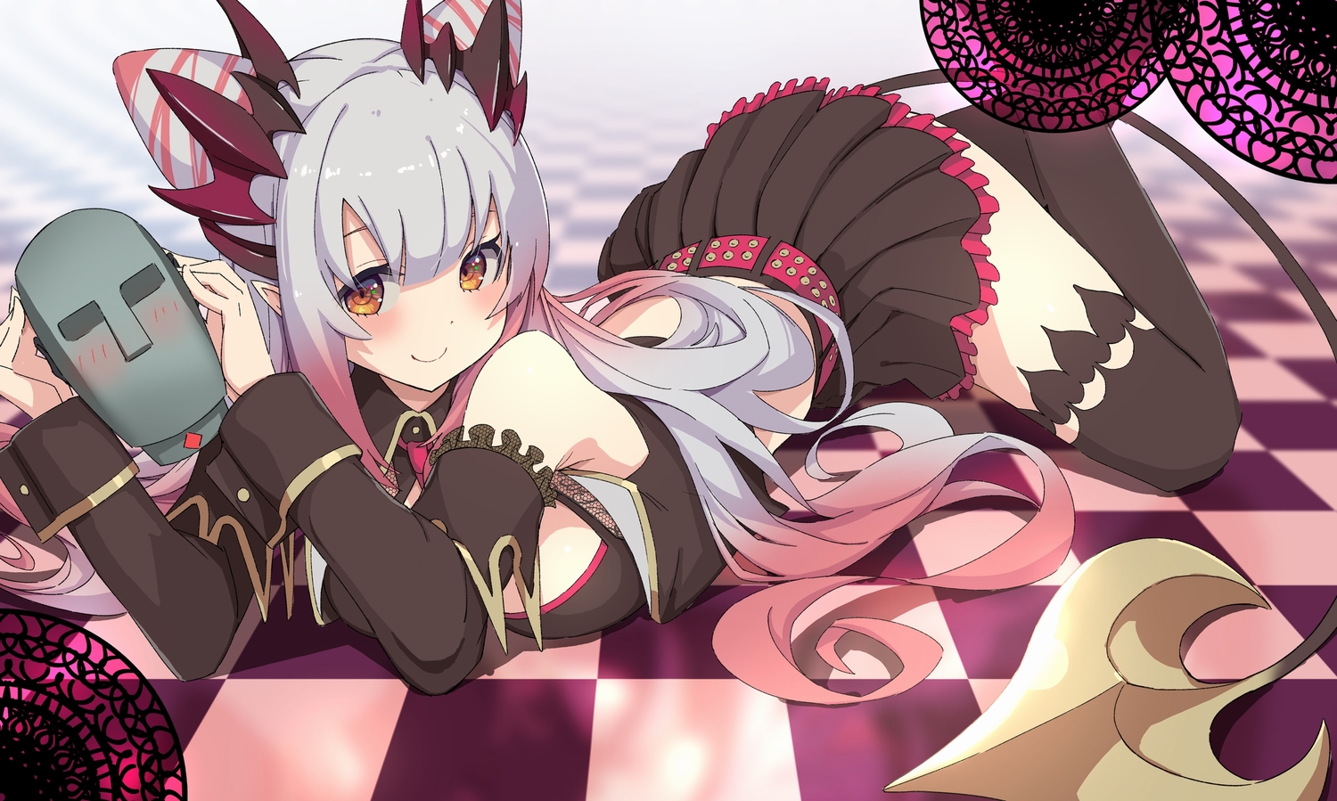 coppelia_(futamine), demon, garter_belt, gray_hair, honey_strap, long_hair, pointed_ears, skirt, suou_patra, tail