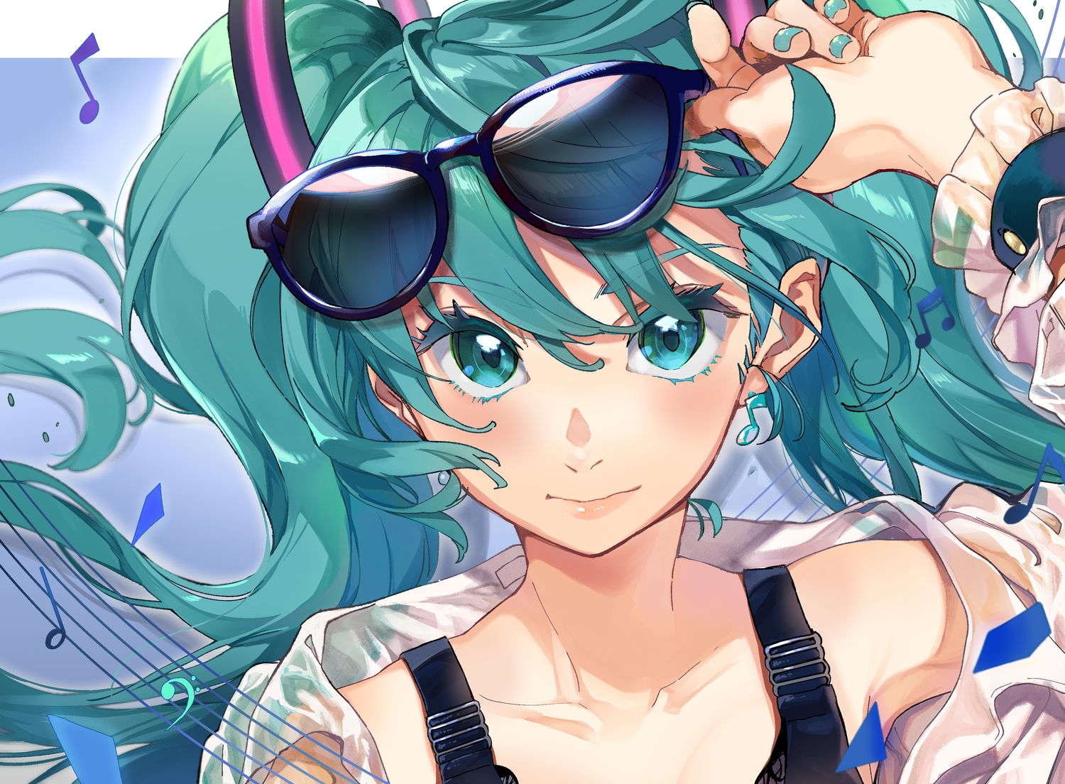 aki_(mare_desiderii), close, green_eyes, green_hair, hatsune_miku, long_hair, music, sunglasses