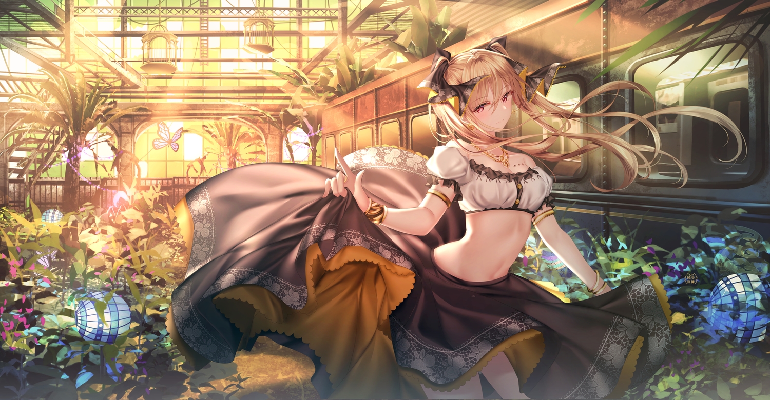 blonde_hair, butterfly, hitman_2, junpaku_karen, long_hair, navel, original, skirt