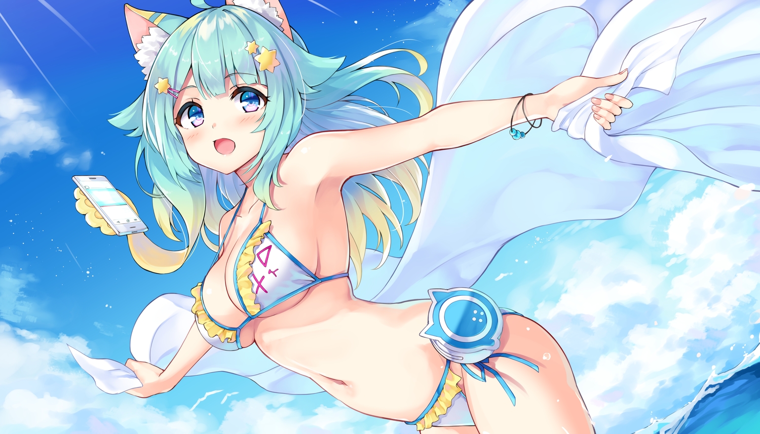animal_ears, aqua_eyes, aqua_hair, bikini, blush, breasts, catgirl, cleavage