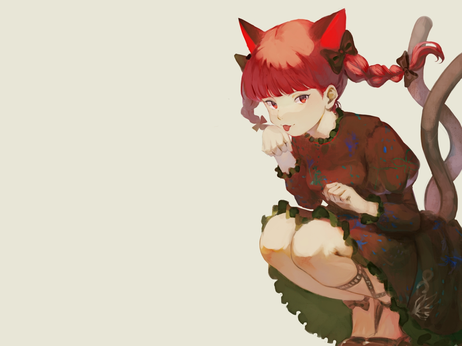 animal_ears, bow, braids, catgirl, dress, kaenbyou_rin, kagari_(hig_lley), multiple_tails, red_eyes, red_hair, tail, touhou, twintails