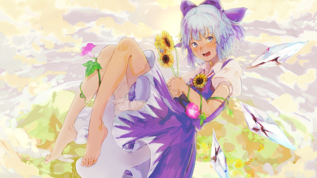 barefoot, bloomers, blue_eyes, blue_hair, bow, cirno, clouds, dress