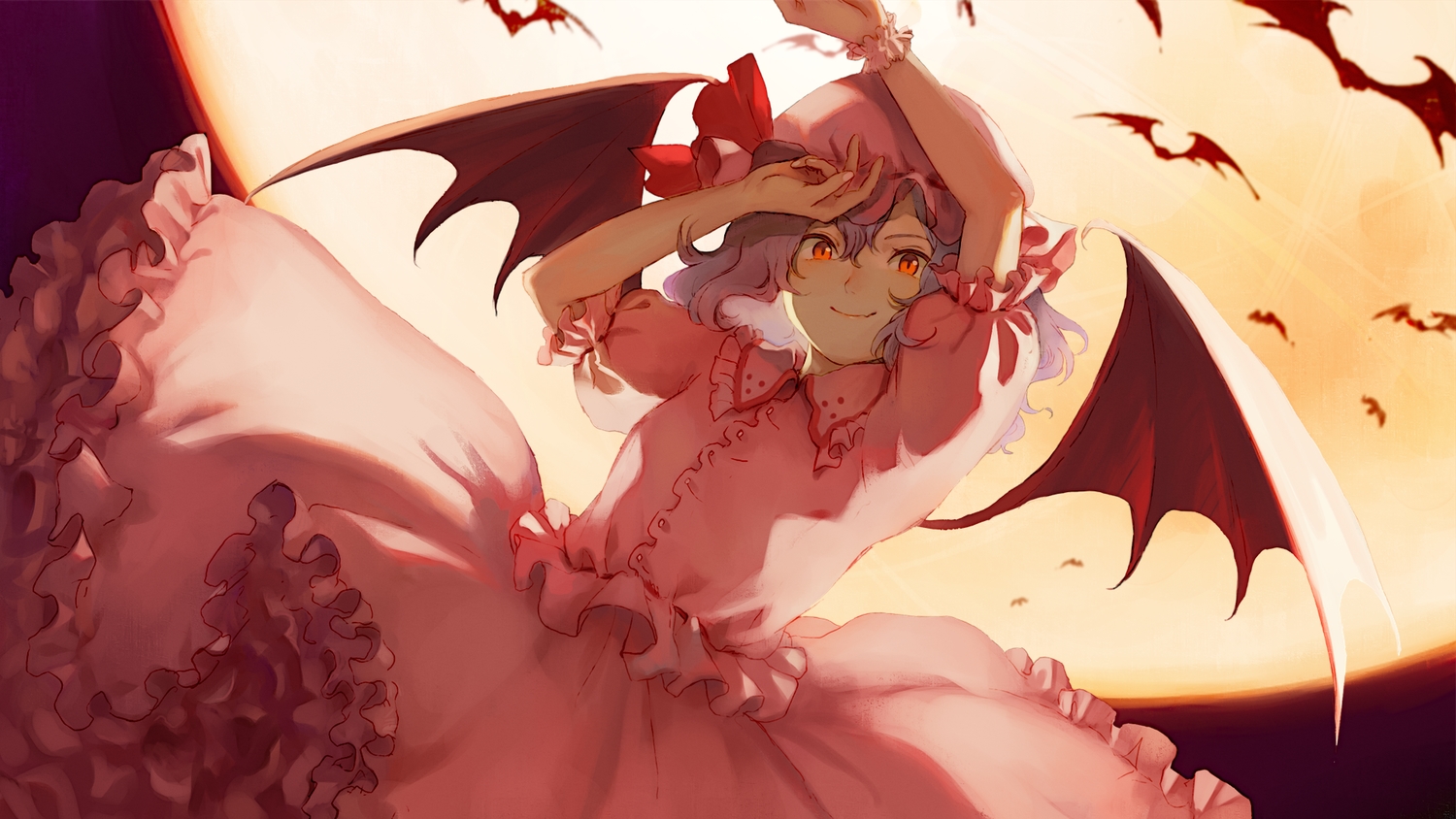 animal, bat, dress, fang, hat, kagari_(hig_lley), moon, night, purple_hair, red_eyes, remilia_scarlet, short_hair, sky, touhou, vampire, wings, wristwear