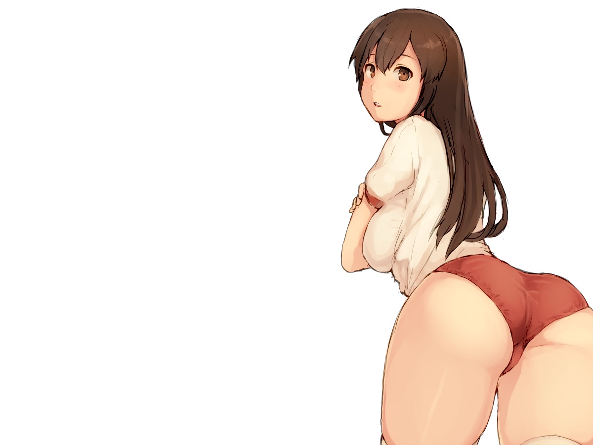 akagi_(kancolle), anthropomorphism, ass, bloomers, brown_eyes, brown_hair, gym_uniform, kagari_(hig_lley)