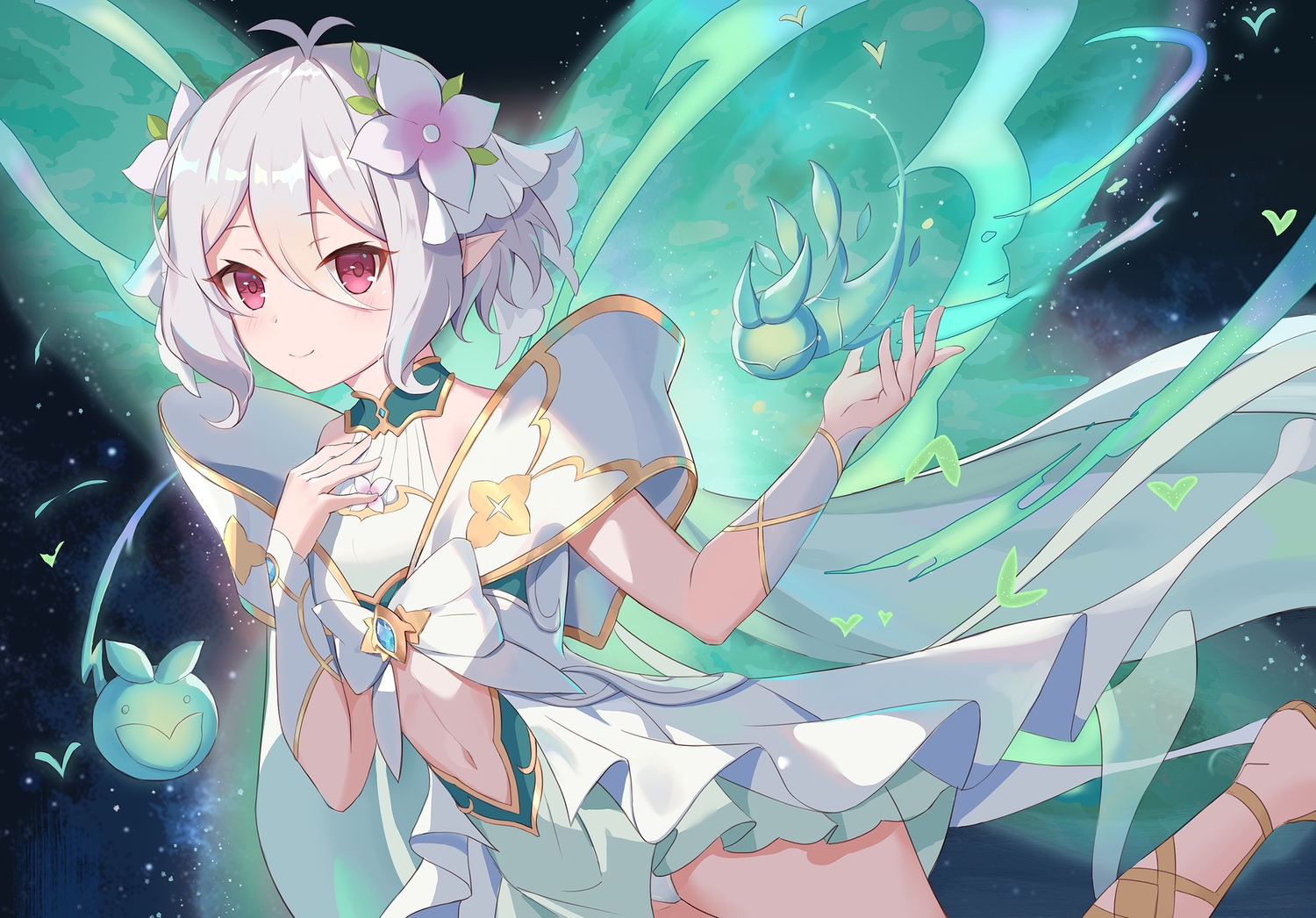 blush, gray_hair, natsume_kokoro, navel, pointed_ears, princess_connect!, red_eyes, serika, short_hair