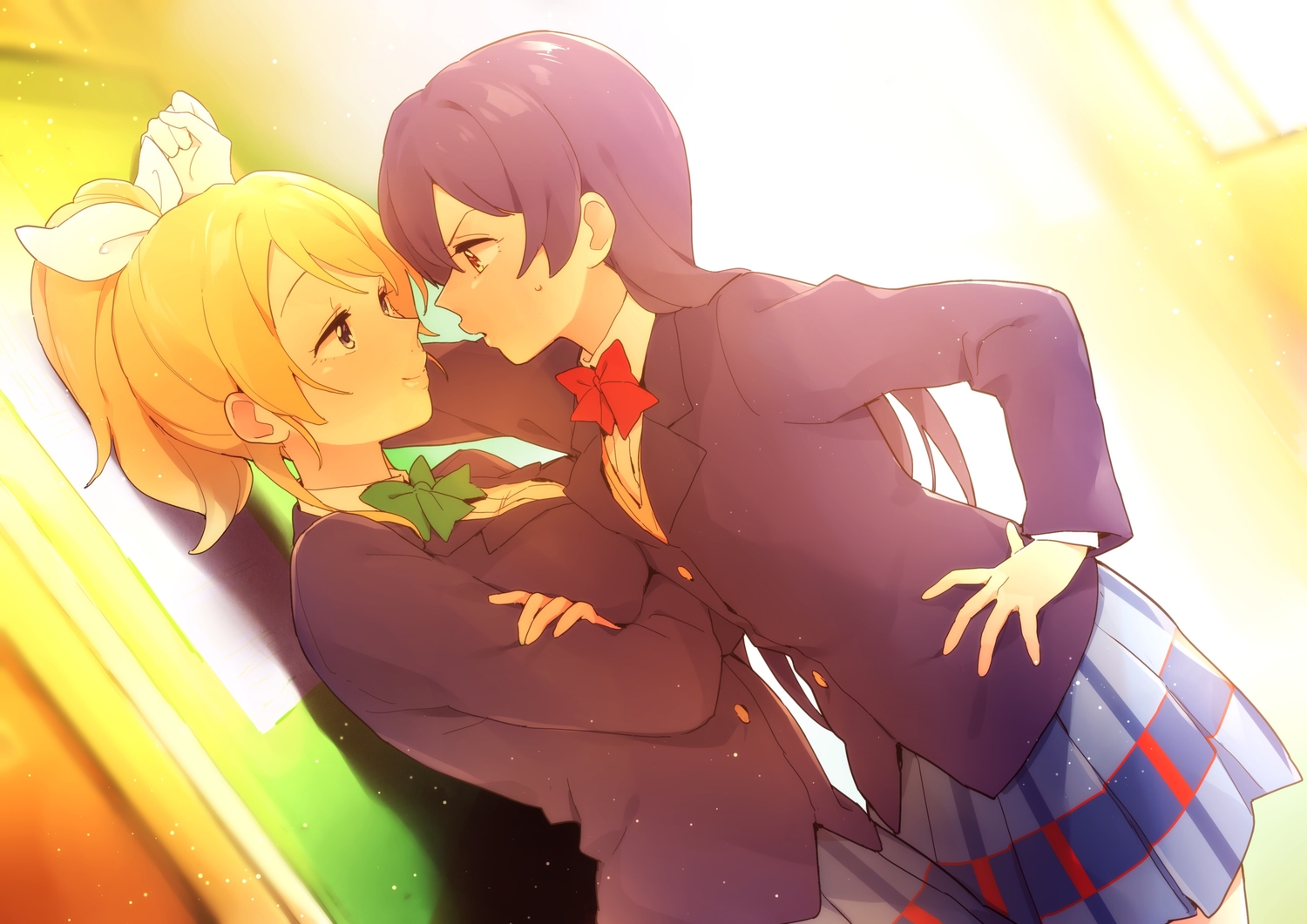 2girls, ayase_eri, blonde_hair, love_live!_school_idol_project, nanatsu_no_umi, ponytail, school_uniform, skirt, sonoda_umi