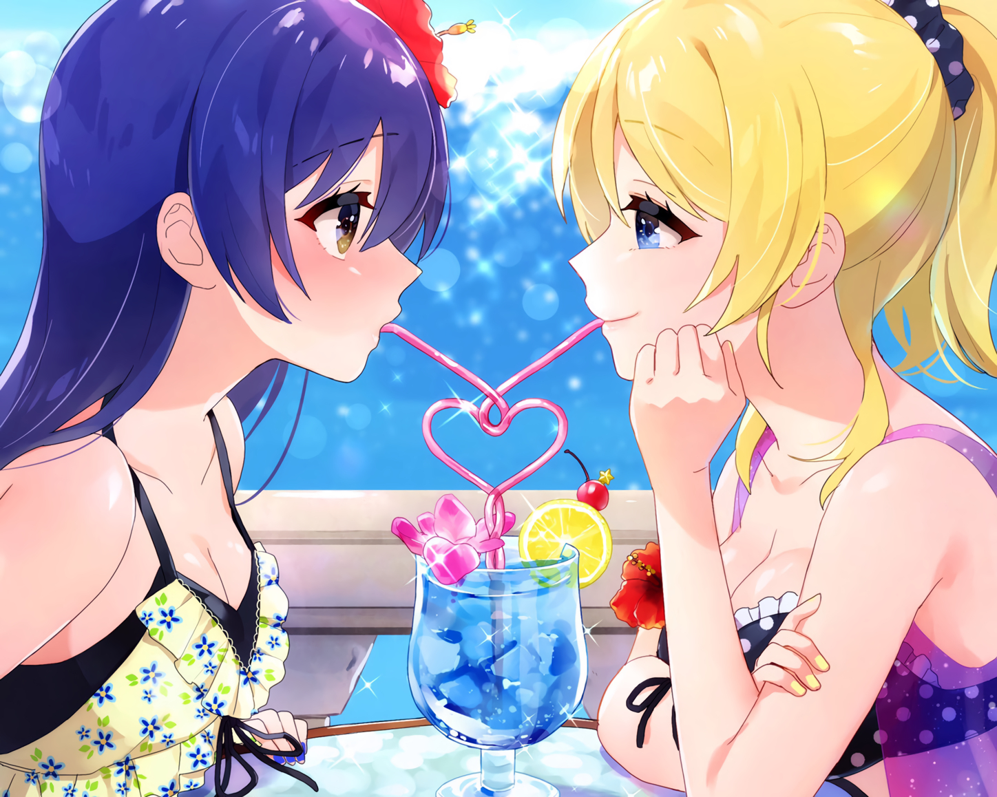 2girls, ayase_eri, blonde_hair, blue_eyes, blue_hair, breasts, cleavage, close, cropped, drink, long_hair, love_live!_school_idol_project, nanatsu_no_umi, ponytail, shoujo_ai, sonoda_umi, yellow_eyes