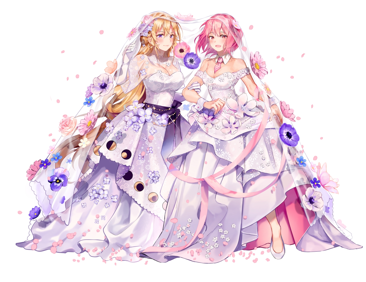 2girls, aliasing, arato_hisako, blonde_hair, blush, breasts, cleavage, elbow_gloves