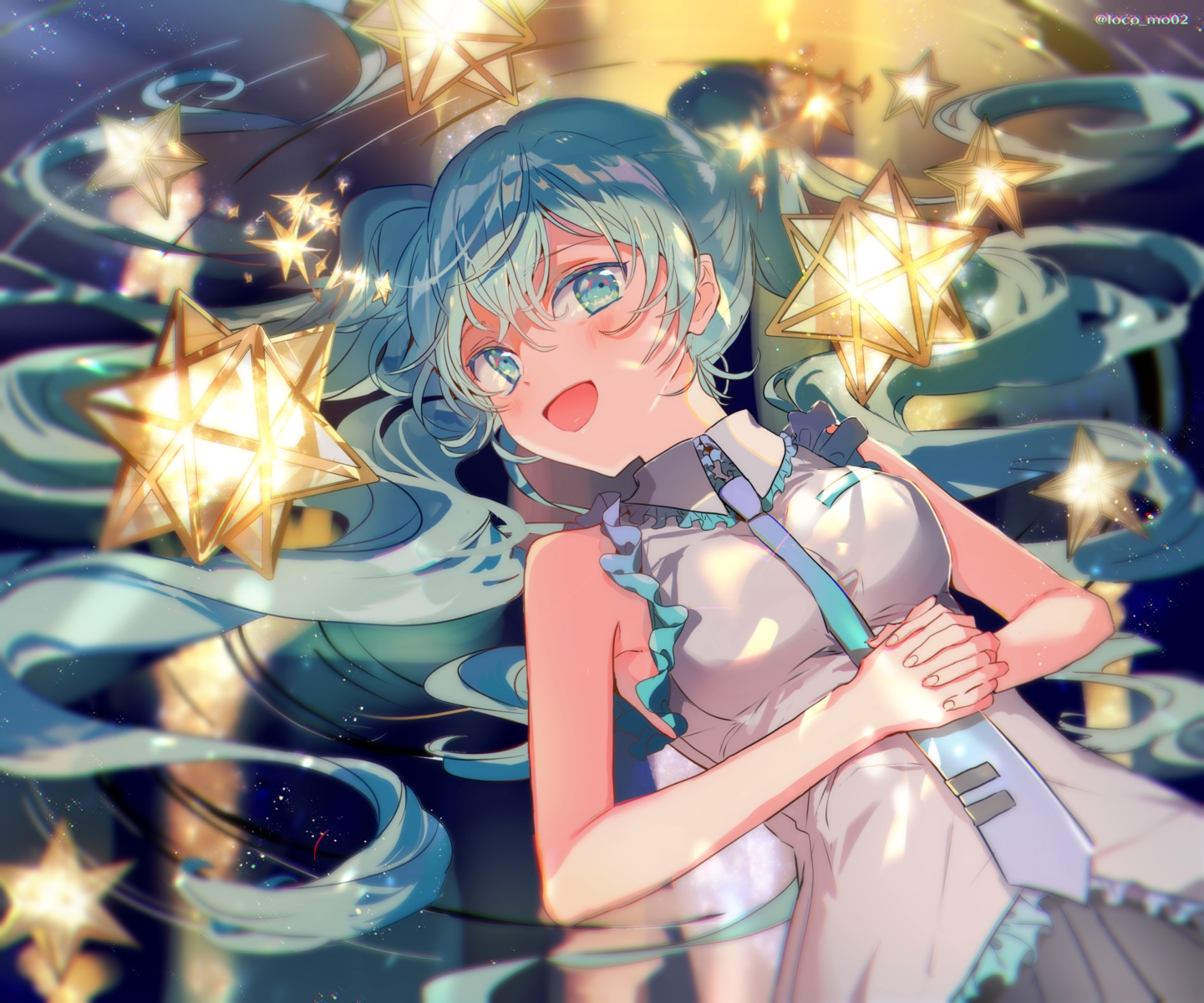 aqua_eyes, aqua_hair, blush, hatsune_miku, long_hair, makoji_(yomogi), reflection, skirt