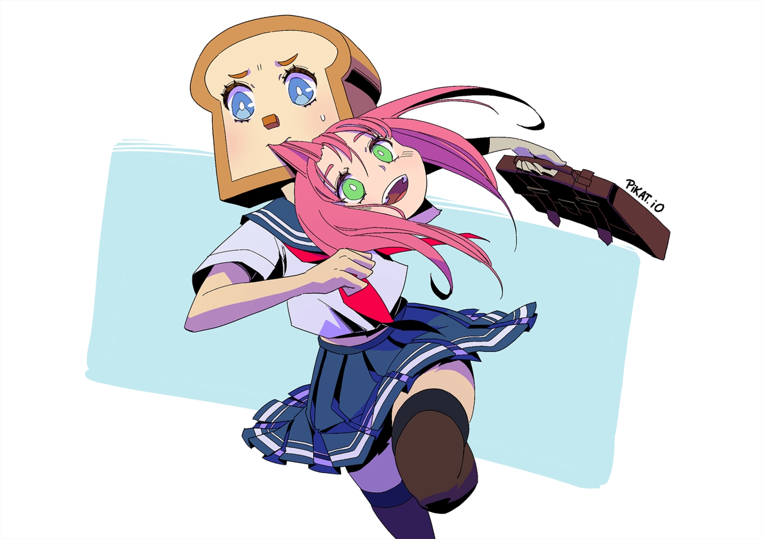 blue_eyes, food, green_eyes, original, parody, pikat, pink_hair, school_uniform, short_hair, signed, skirt, thighhighs, zettai_ryouiki