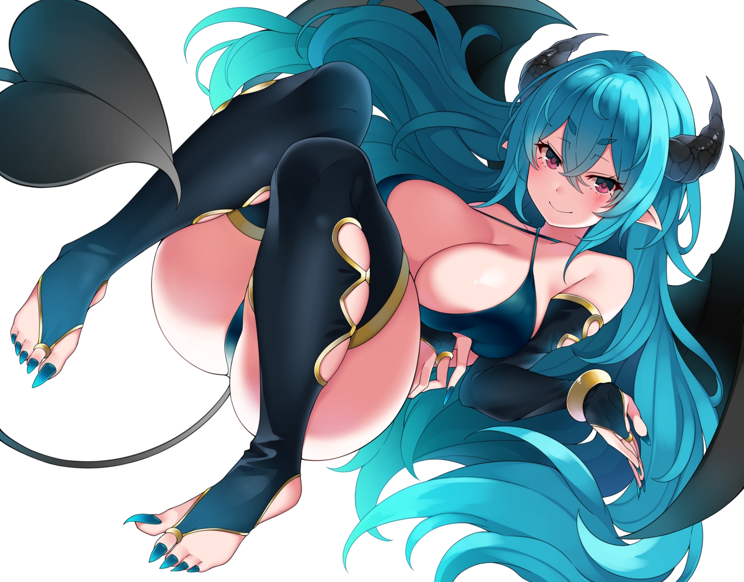 aqua_hair, blush, breast_hold, breasts, cleavage, demon, elbow_gloves, gloves, horns, long_hair, original, pointed_ears, purple_eyes, succubus, suruga_(xsurugax), tail, thighhighs, white, wings