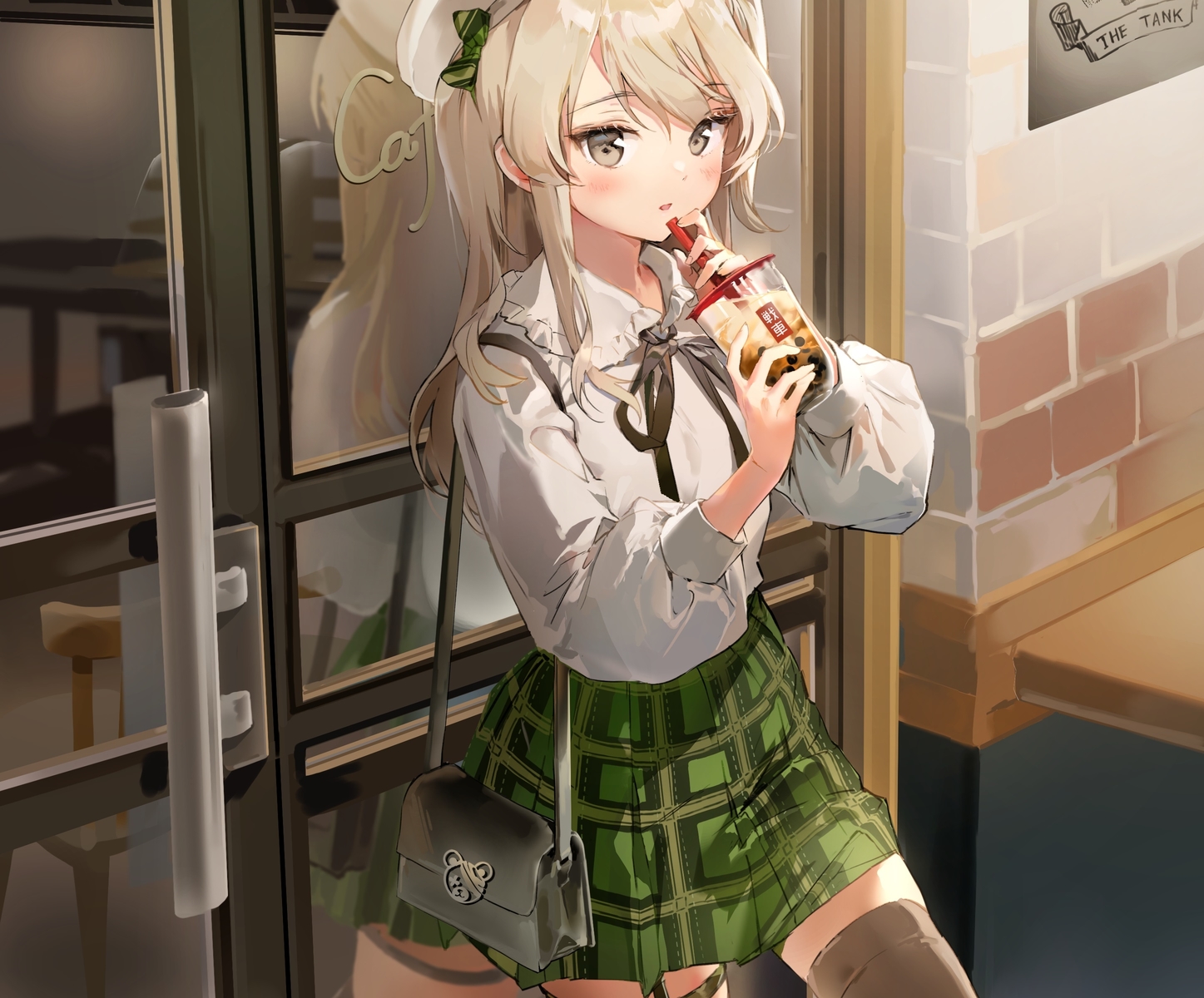 anmi, blonde_hair, blush, bow, brown_eyes, cropped, drink, garter