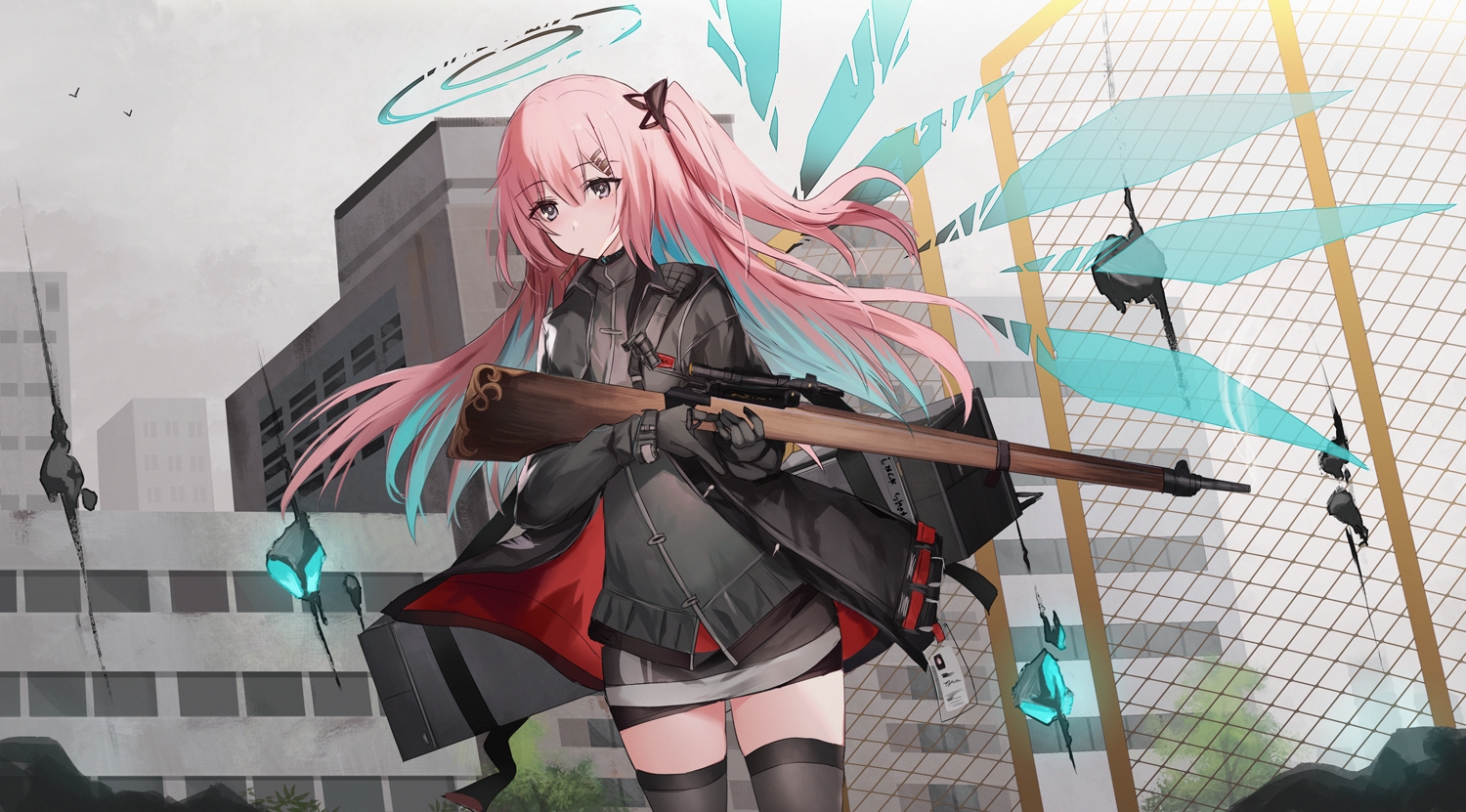 ambriel_(arknights), animal, arknights, bird, building, food, gloves, gun, halo, kinona, long_hair, pink_hair, pocky, shirt, skirt, thighhighs, weapon, wings, zettai_ryouiki