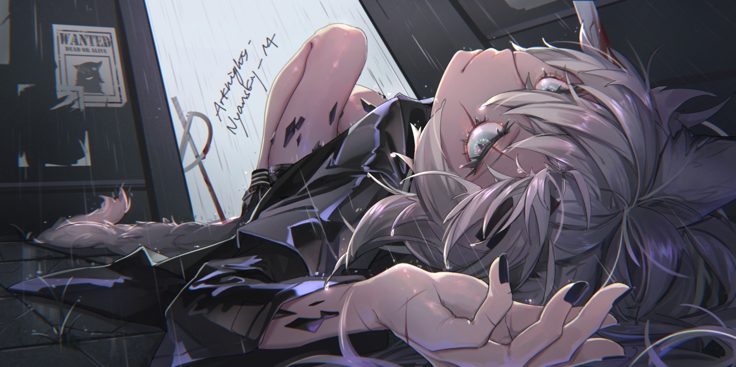 animal_ears, arknights, gray_eyes, gray_hair, lappland_(arknights), long_hair, nyansky, rain, scar, shorts, signed, sword, tail, water, weapon, wolfgirl