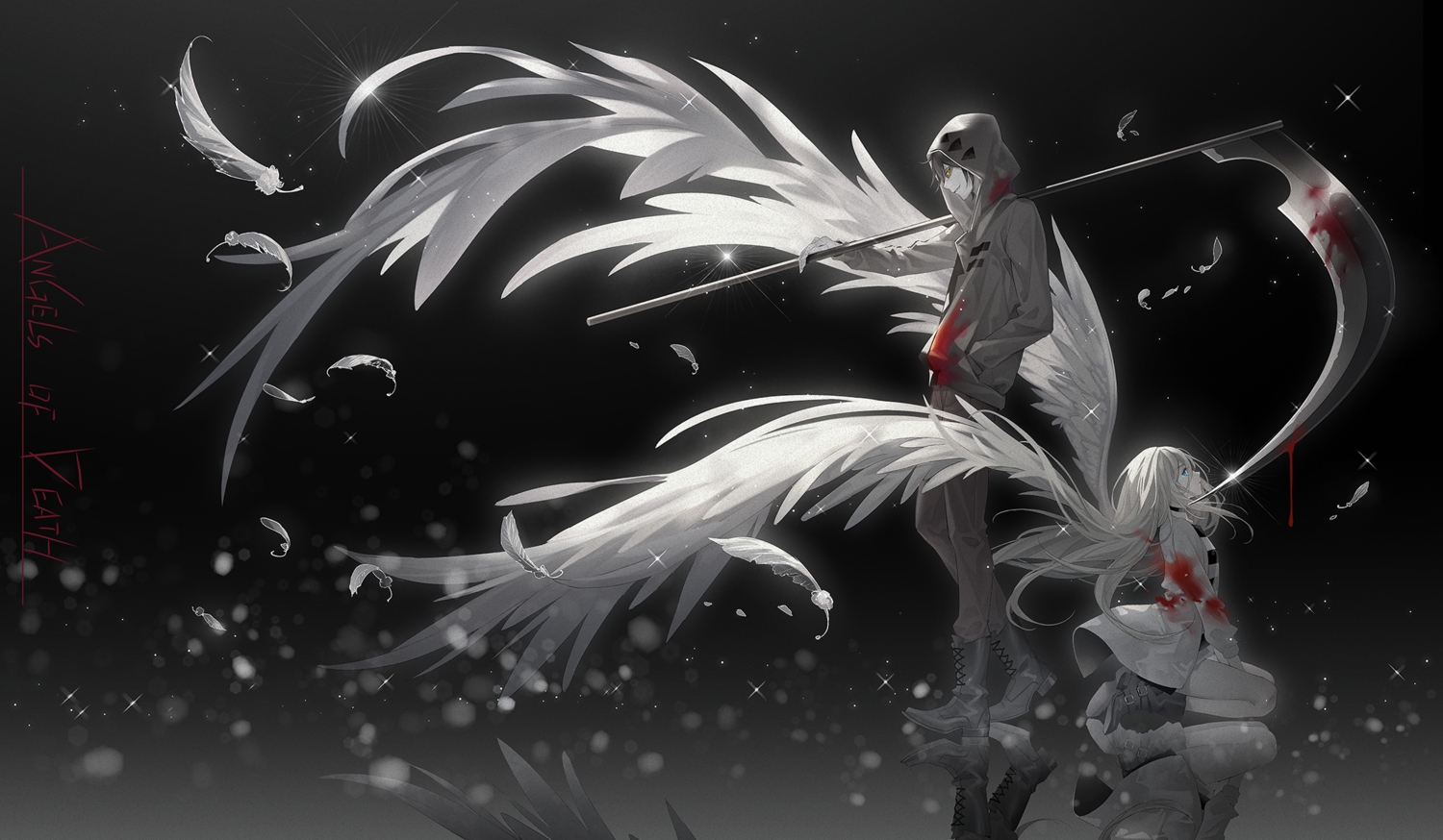 blonde_hair, boots, choker, feathers, hood, isaac_foster, long_hair, male