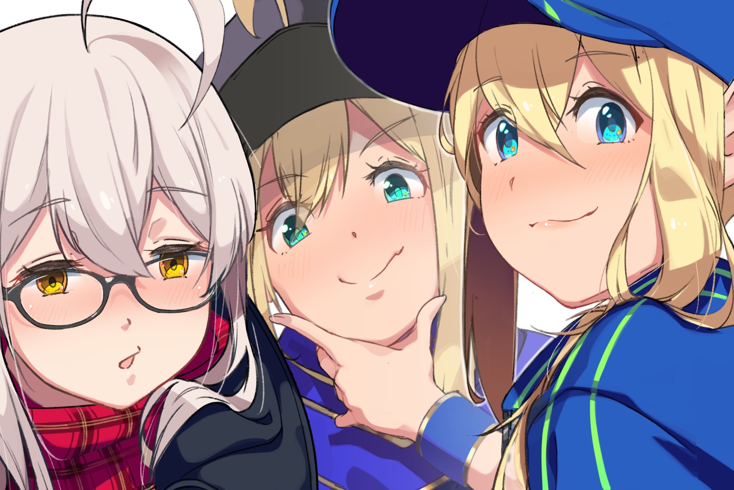aqua_eyes, artoria_pendragon_(all), blonde_hair, blush, close, fang, fate/grand_order, fate_(series), glasses, gray_hair, green_eyes, hat, mysterious_heroine_x, mysterious_heroine_x_alter, mysterious_heroine_xx_(foreigner), scarf, suppa_(user_jrnj5558), wristwear, yellow_eyes