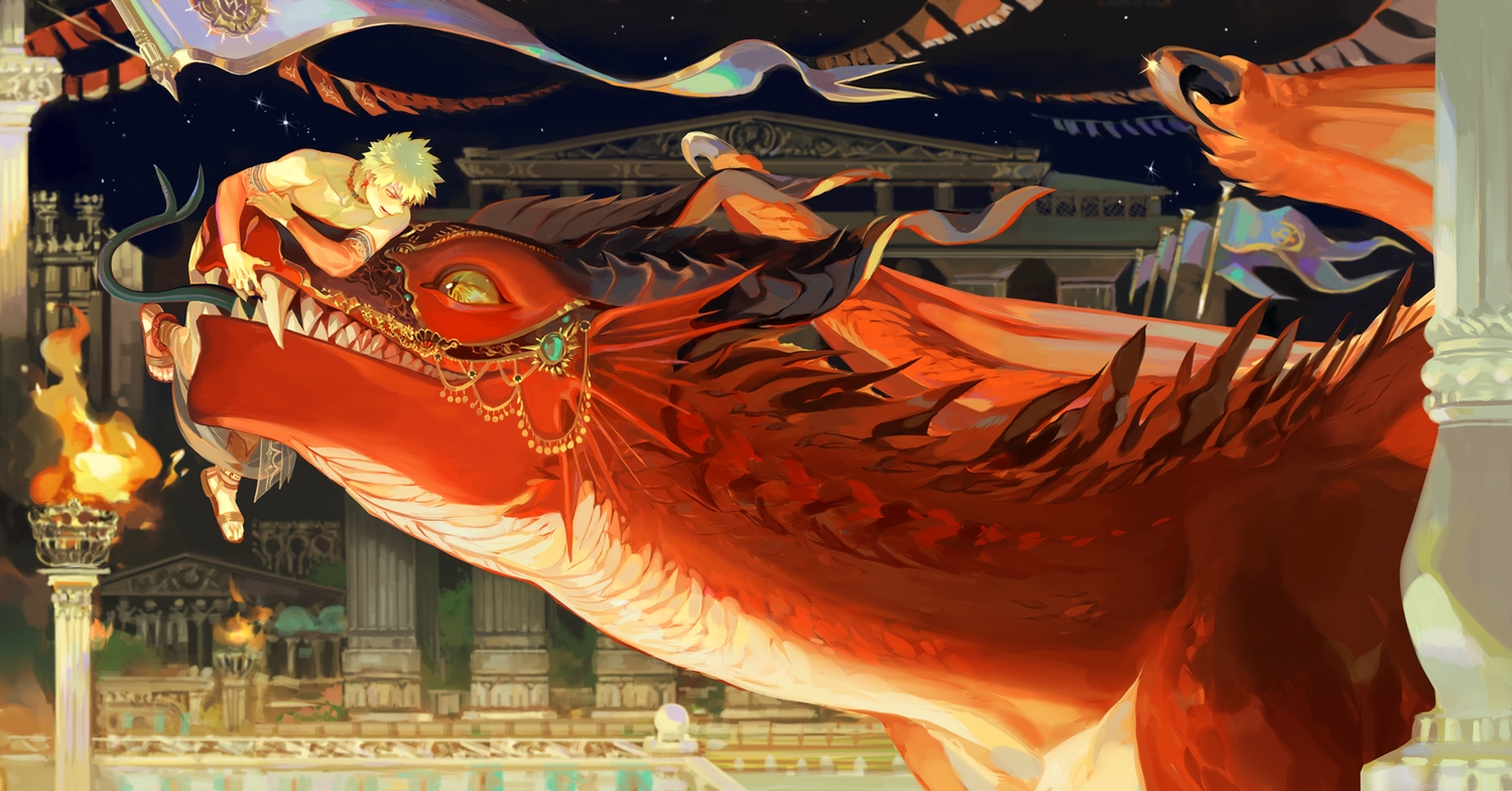 all_male, bakugou_katsuki, blonde_hair, boku_no_hero_academia, building, dragon, fire, kirishima_eijirou