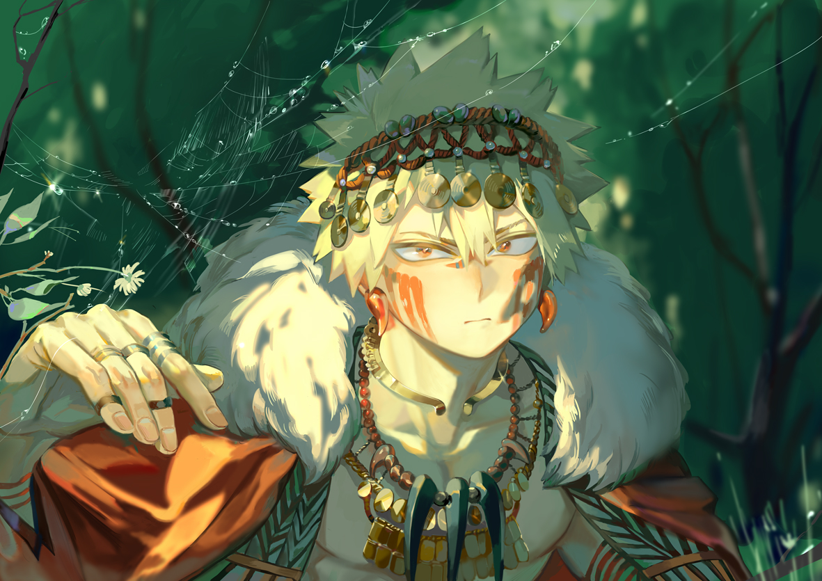 all_male, bakugou_katsuki, blonde_hair, boku_no_hero_academia, close, forest, headdress, male