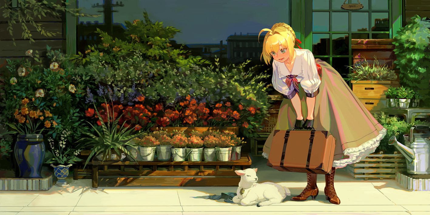 animal, aqua_eyes, blonde_hair, boots, braids, building, dress, fate/extra, fate/grand_order, fate_(series), flowers, gloves, nero_claudius_(fate), ribbons, sheep, short_hair, taro-k, tie