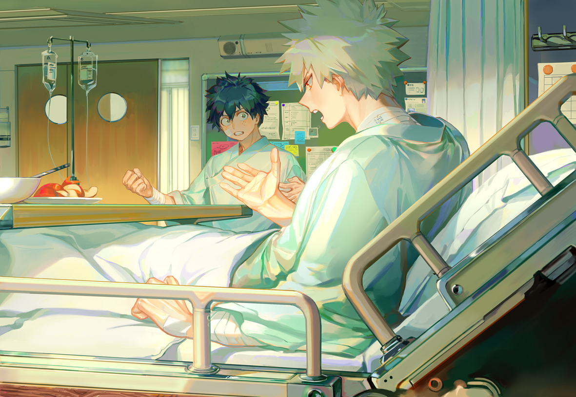 all_male, apple, bakugou_katsuki, bed, black_hair, blonde_hair, boku_no_hero_academia, building
