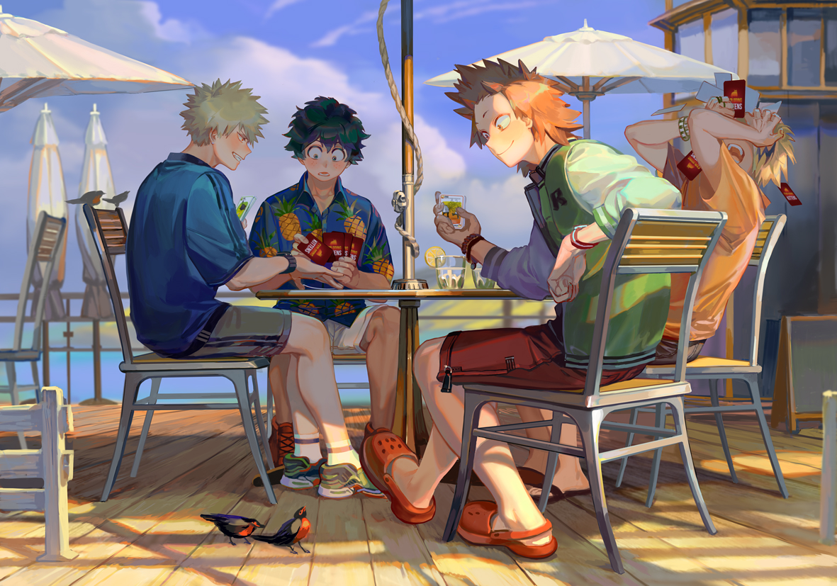 all_male, animal, bakugou_katsuki, bird, black_hair, blonde_hair, boku_no_hero_academia, clouds