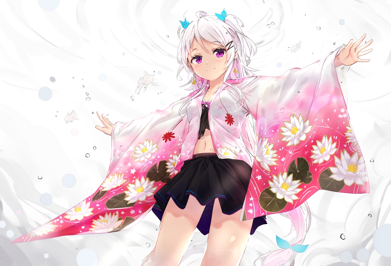 animal, blush, damin_kuneru, fish, japanese_clothes, kimono, long_hair, na_kyo