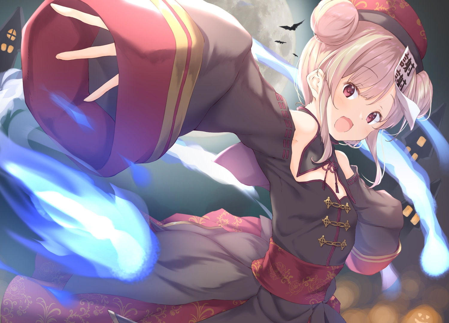 animal, bat, blonde_hair, blush, building, chinese_clothes, flat_chest, halloween