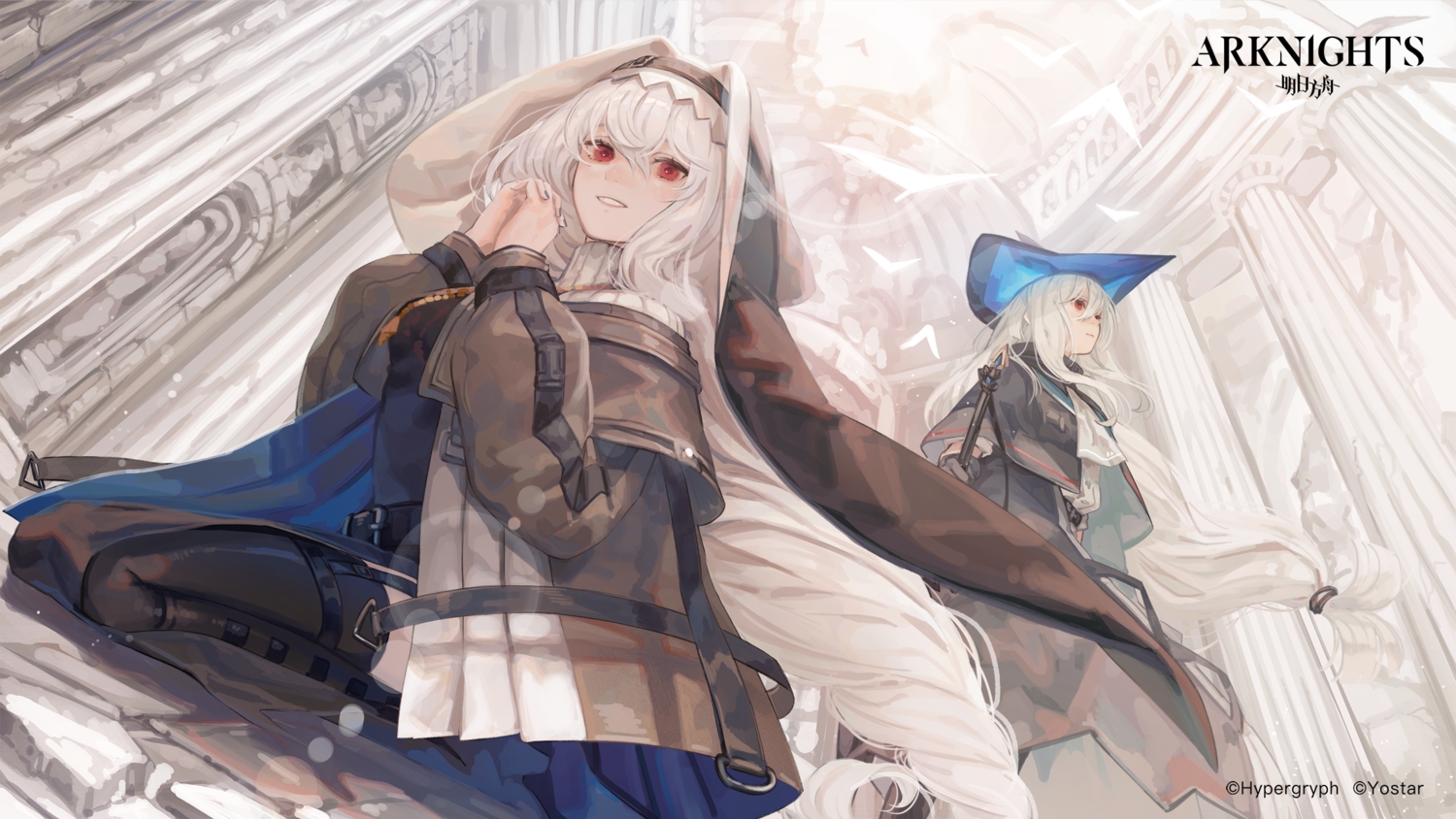 2girls, arknights, logo, long_hair, mizutame_tori, nun, ponytail, red_eyes