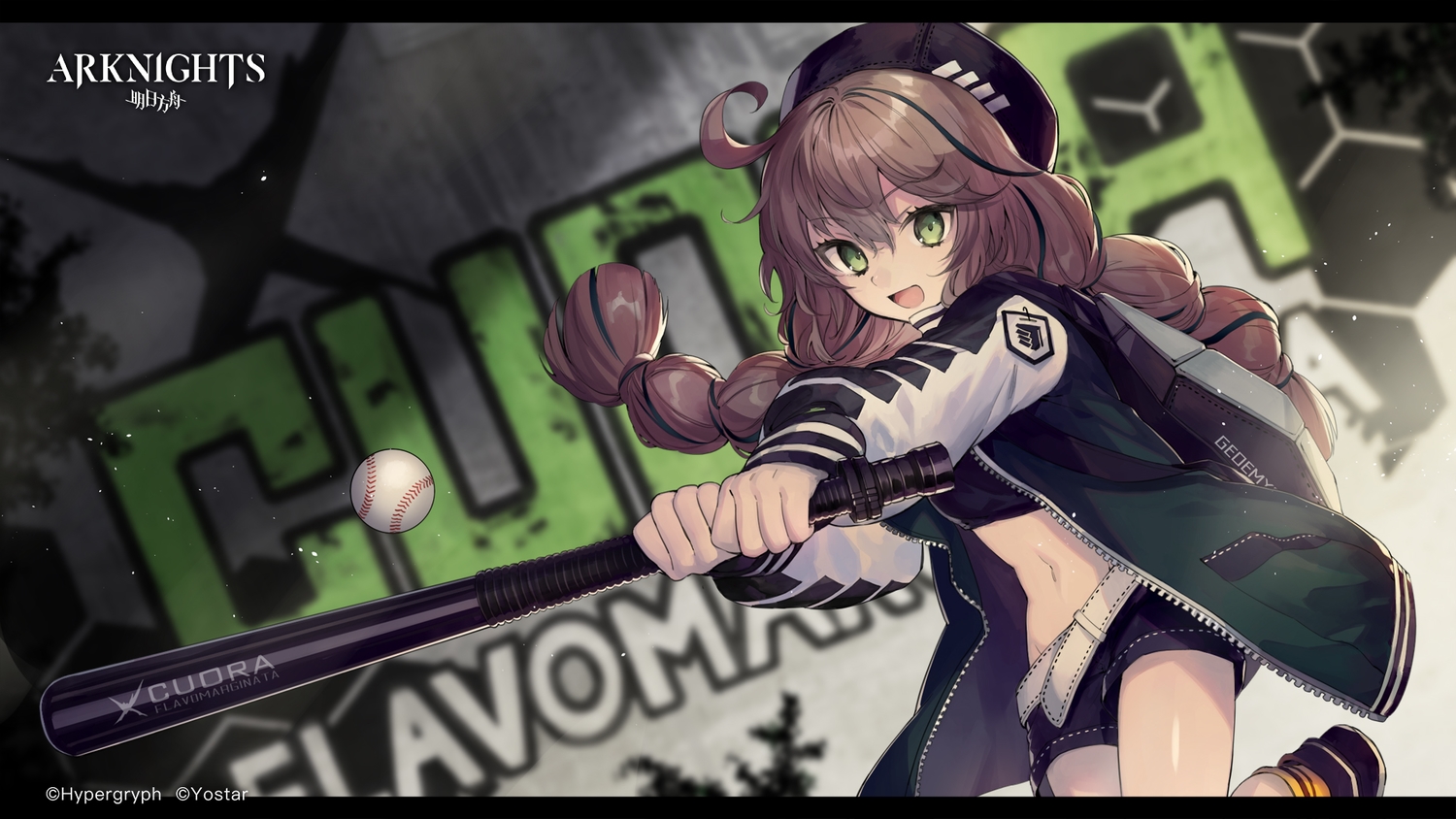 arknights, baseball, braids, brown_hair, cuora_(arknights), green_eyes, hat, logo, long_hair, shorts, sport, suzunashi, twintails
