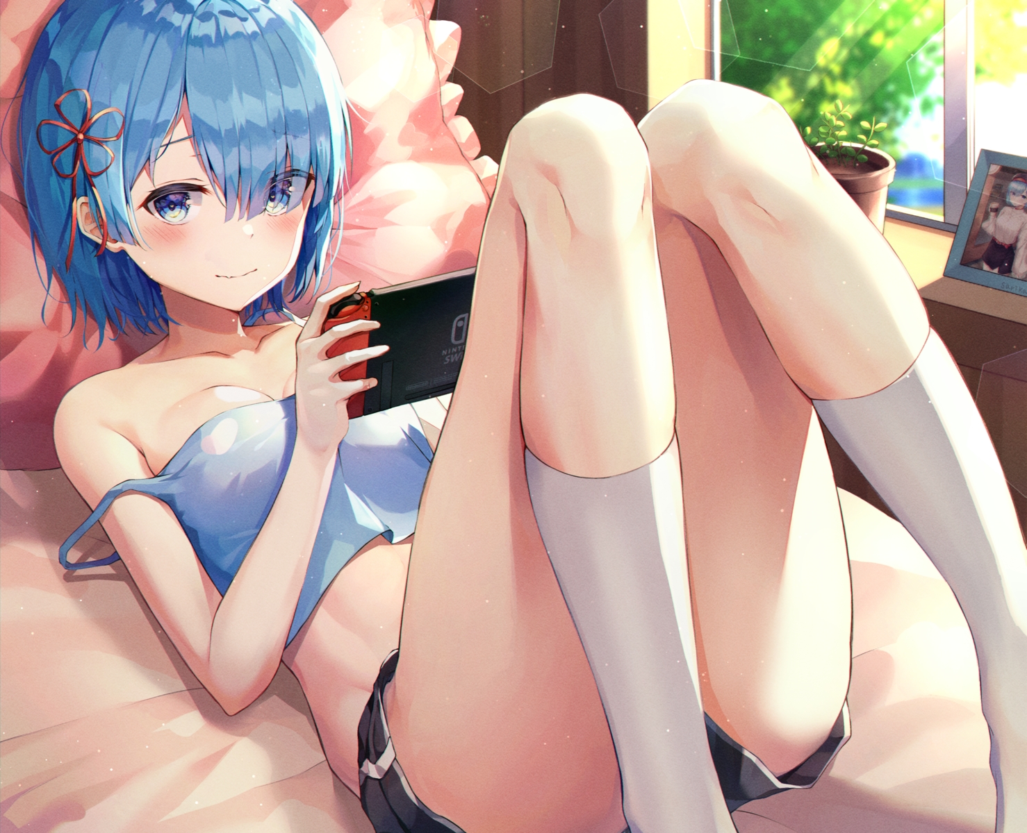 aqua_eyes, aqua_hair, blush, breasts, cleavage, cropped, game_console, gyungsin, kneehighs, rem_(re:zero), re:zero_kara_hajimeru_isekai_seikatsu, short_hair, shorts, signed