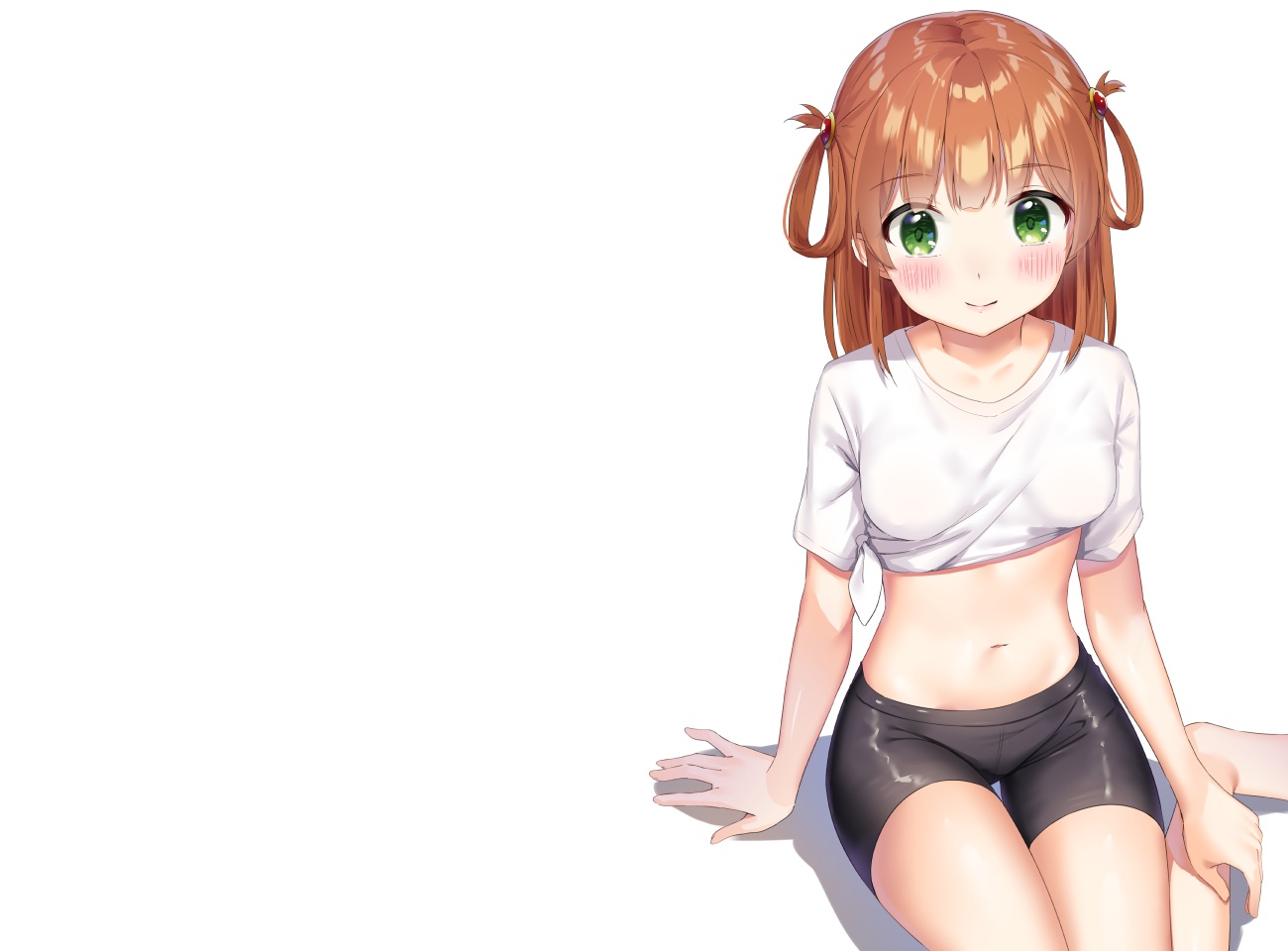 aliasing, barefoot, bike_shorts, blush, brown_hair, green_eyes, inosaki_rino, k_mugura, navel, princess_connect!, shirt_lift, short_hair, shorts, third-party_edit, white