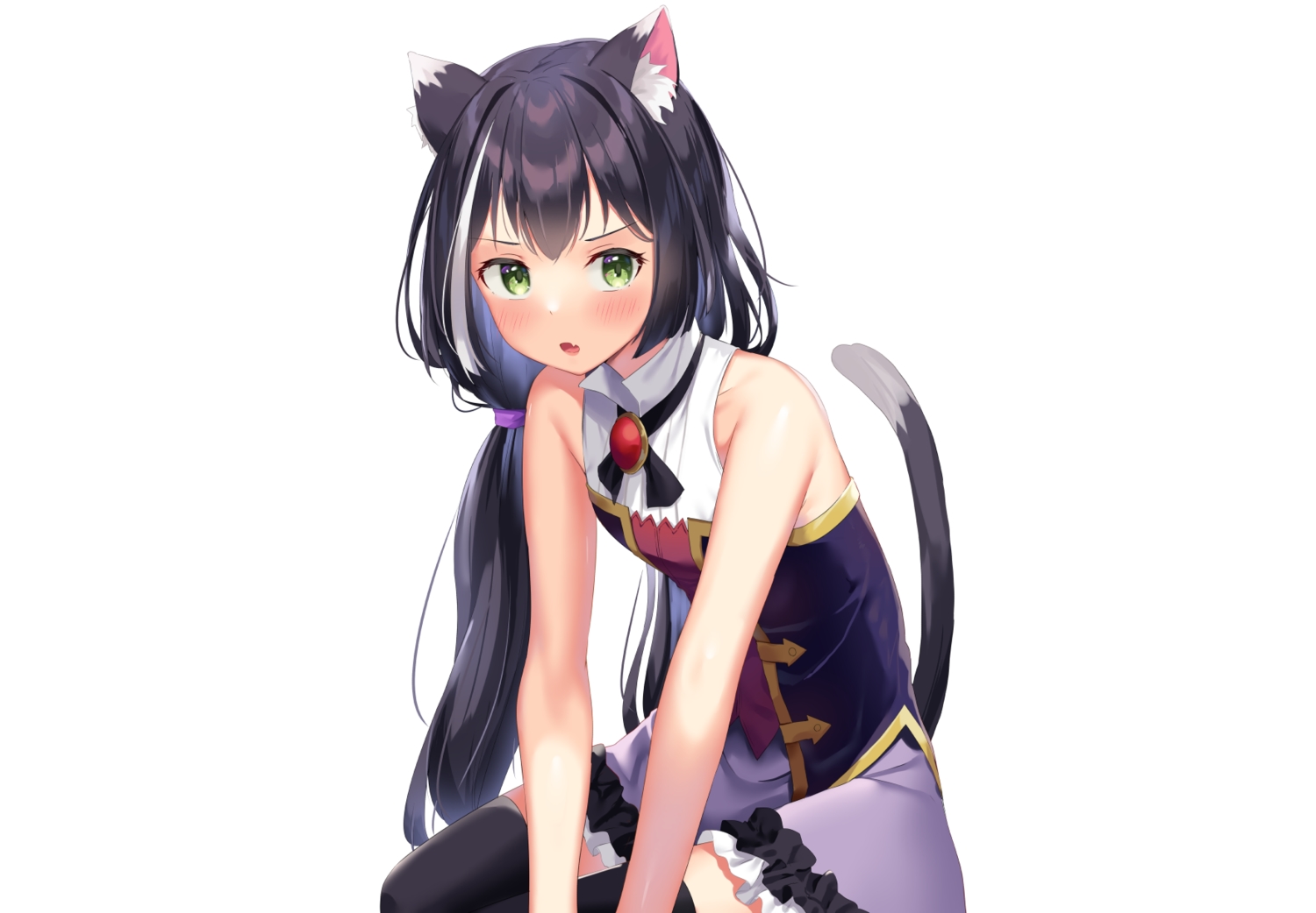 animal_ears, black_hair, blush, catgirl, fang, flat_chest, green_eyes, karyl, k_mugura, long_hair, princess_connect!, skirt, tail, thighhighs, twintails, white, zettai_ryouiki